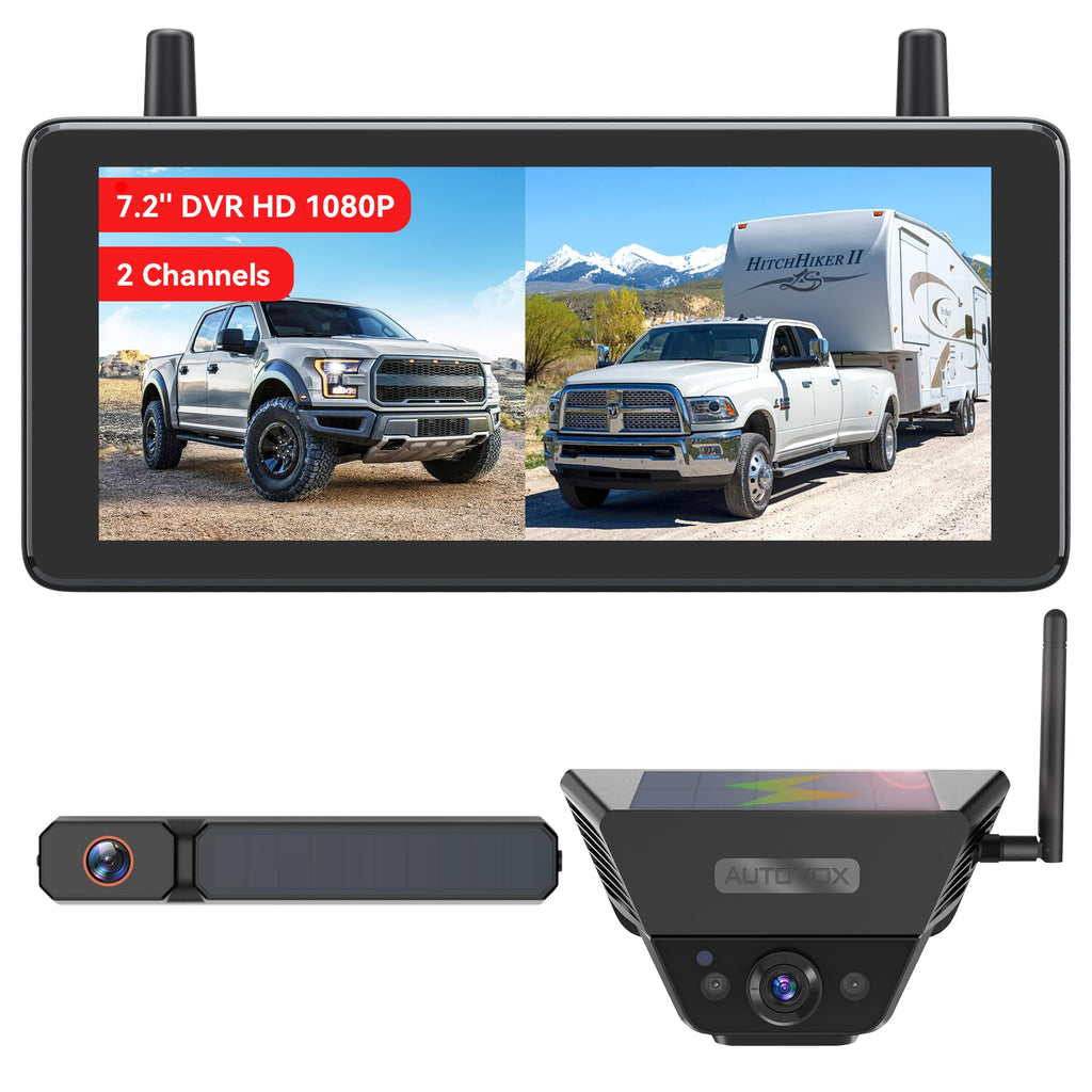AUTO-VOX 2 Solar Wireless Backup Camera System: 7.2” 1080P HD Monitor, 3-Min Quick Installation for Wider Rear & Trailer View, IP69K Waterproof Back Up Camera for Truck, RV, Camper, Horse/Boat Trailer
