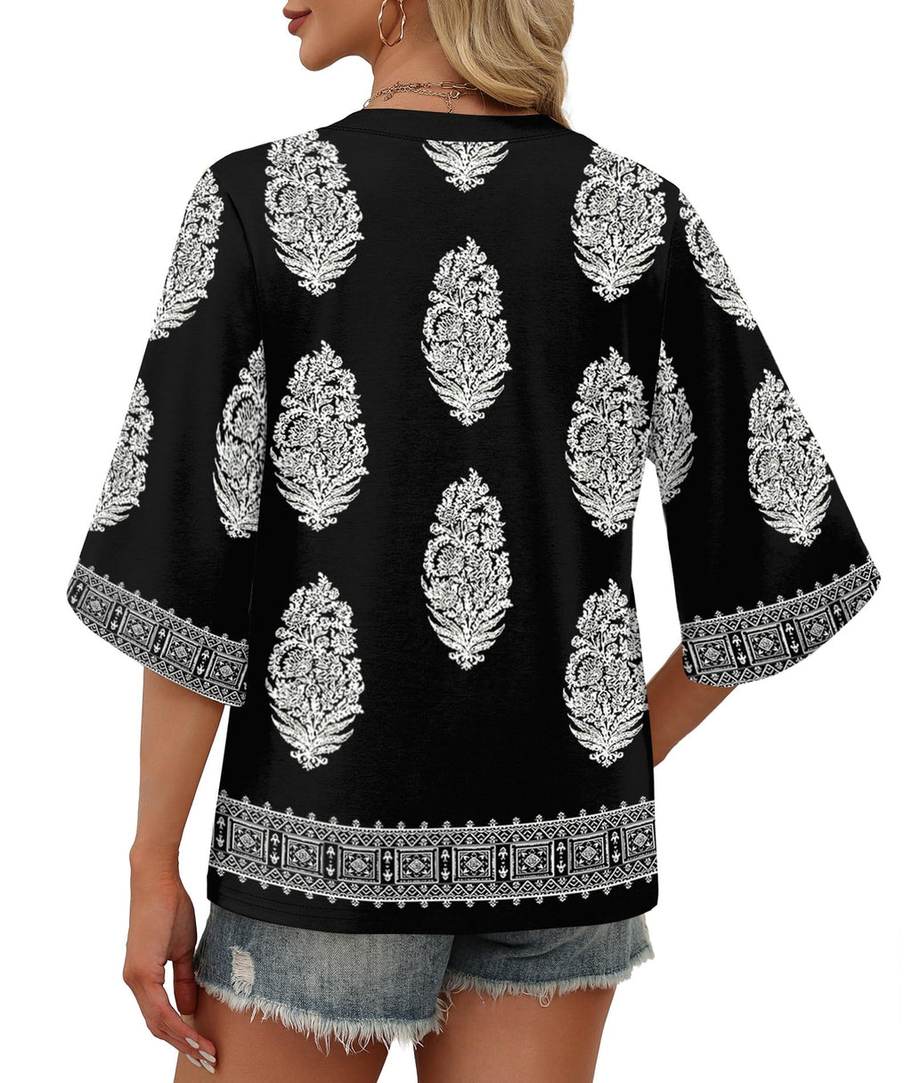 WIHOLL Summer Boho Tops for Womens Clothing Plus Size Beach Vacation Cover Ups Clothes 3/4 Length Sleeve 2026 Spring Maternity Cruise Vacation Outfits Trendy Fashion Clothing Multi Black XL