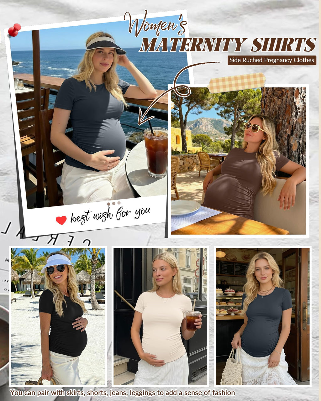 Huukeay 4 Pack Women's Short Sleeve Maternity Tops, 4-Color, Large