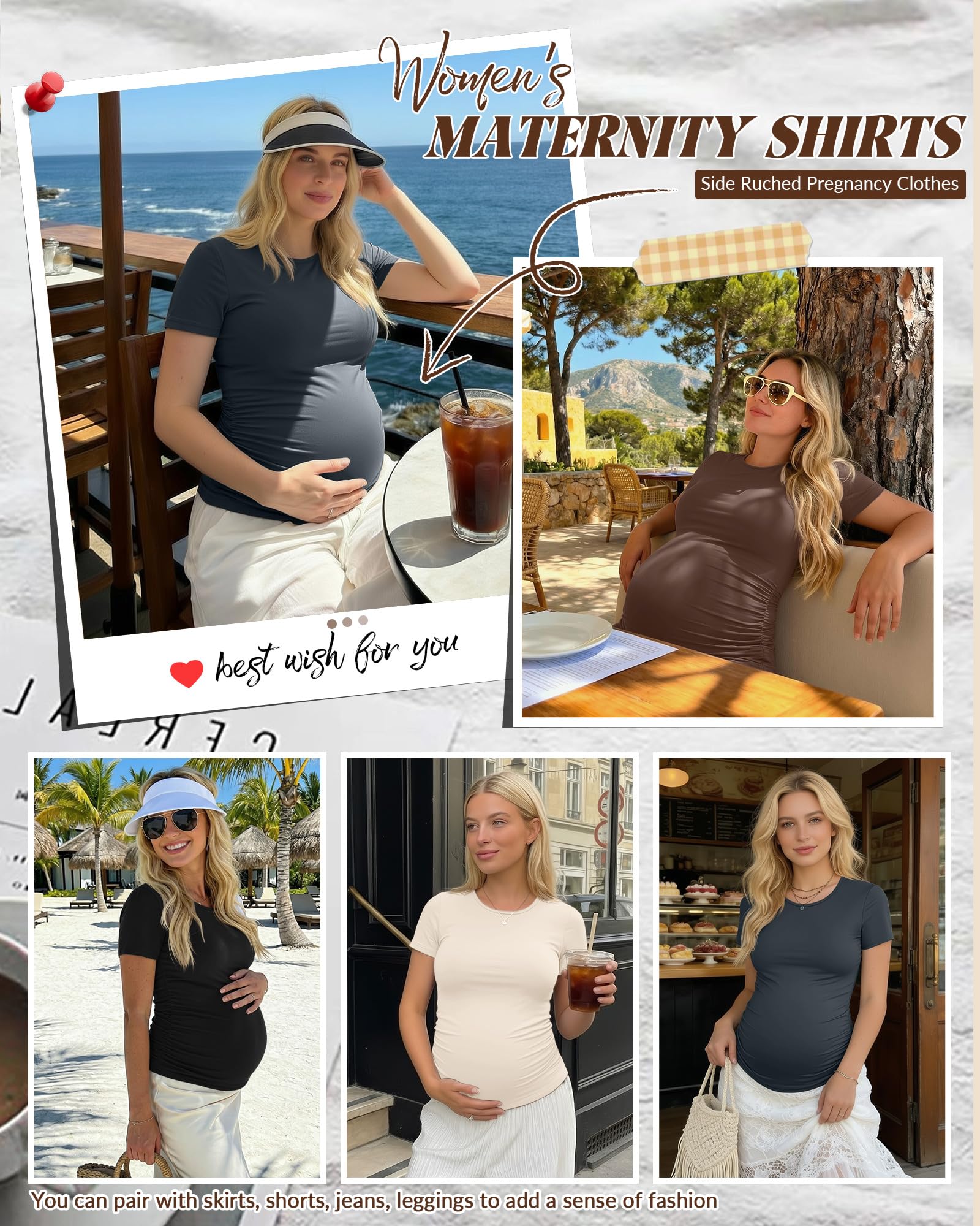 Huukeay 4 Pack Women's Short Sleeve Maternity Tops, 4-Color, Large