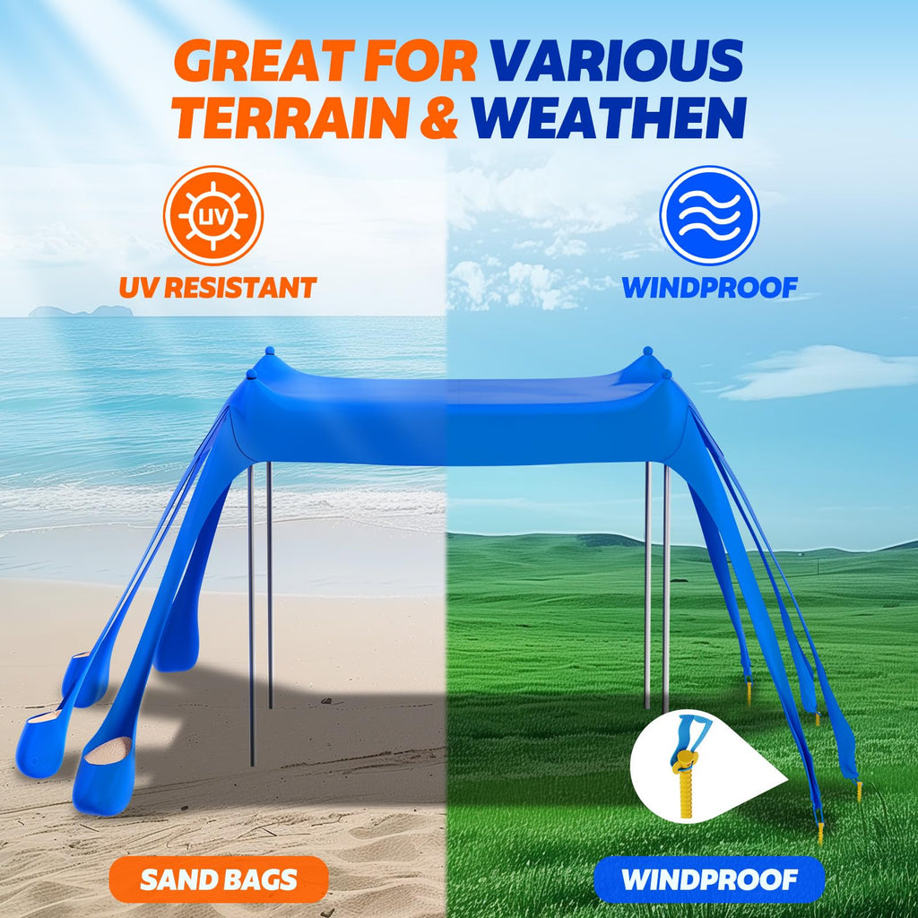 FAHKNS Beach Tent, Camping Sun Shade UPF50+ with 8 Sandbags, Sand Shovel, Ground Spikes and Stabilizer Poles, 10x10ft Beach Sunshade, Beach Tent for Camping, Fishing and Picnicking (Blue)