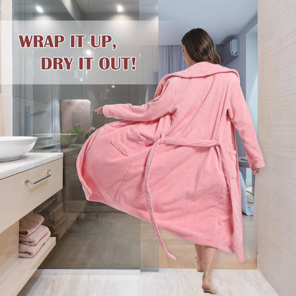 PJGGZ Women's Shawl Collar Bathrobe, Soft Long Towel Robes for Women - Super Absorbent Quick Dry Yet Warm(Light Pink, S/M)