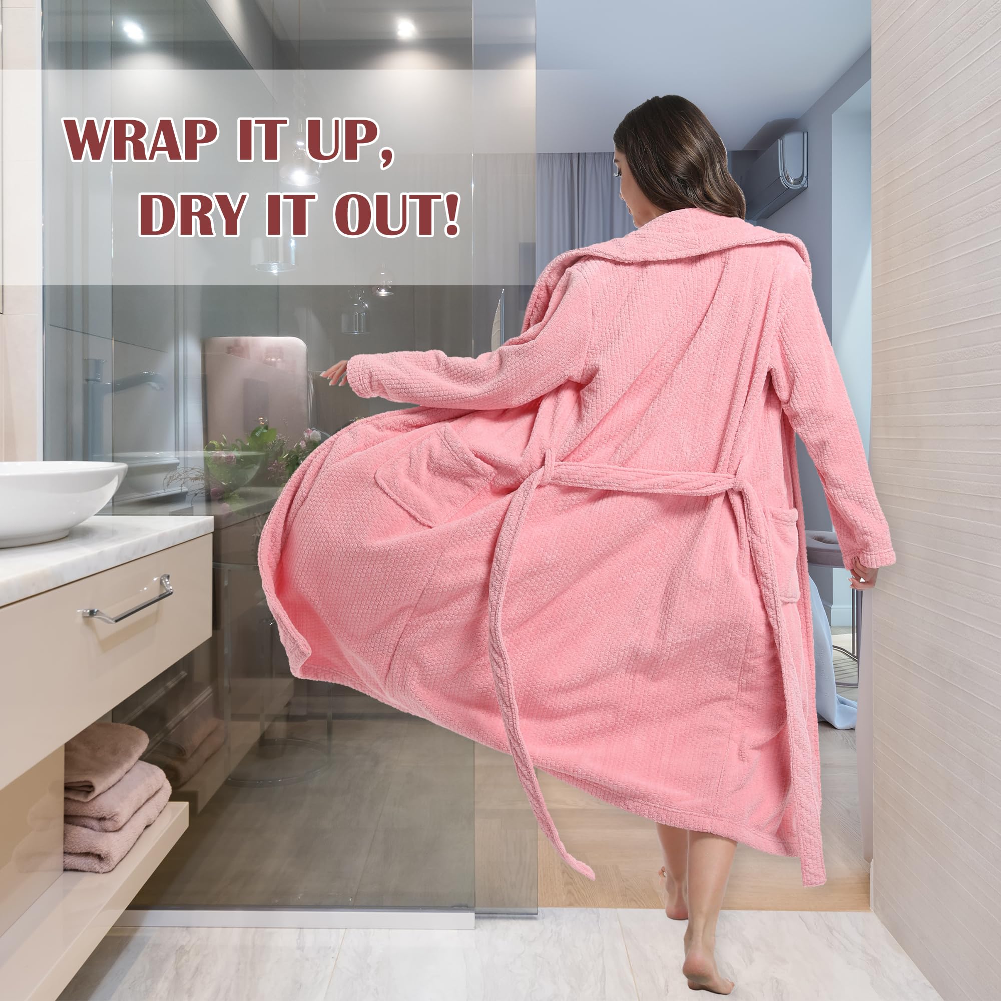 PJGGZ Women's Shawl Collar Bathrobe, Soft Long Towel Robes for Women - Super Absorbent Quick Dry Yet Warm(Light Pink, S/M)