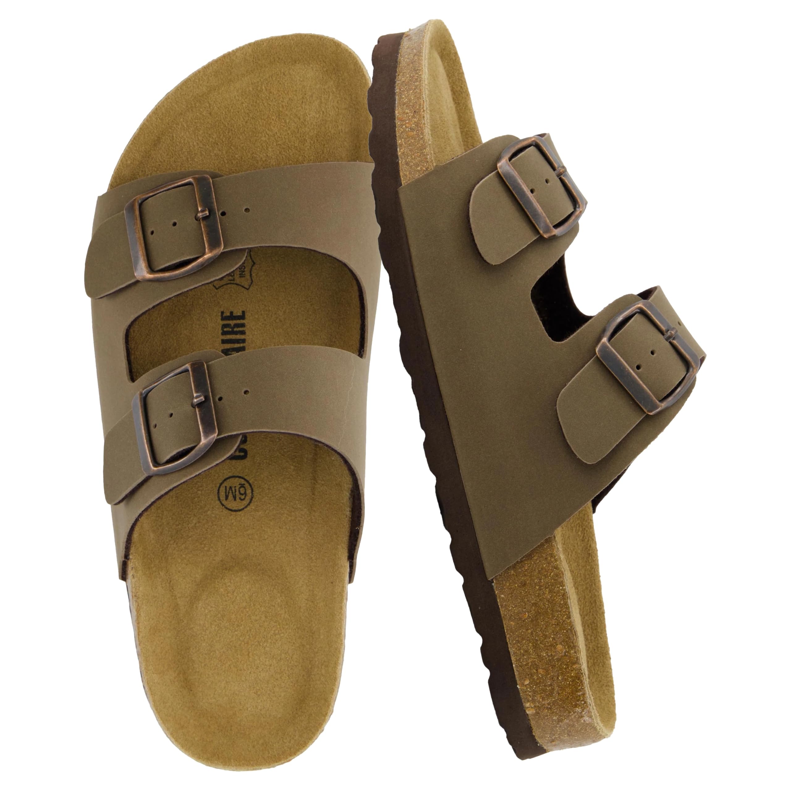 CUSHIONAIRE Lane Cork Footbed Womens Sandals Comfortable Double Buckle Slip On Sandals for Women with Arch Support and Classic Two Strap Design, BROWN 9W