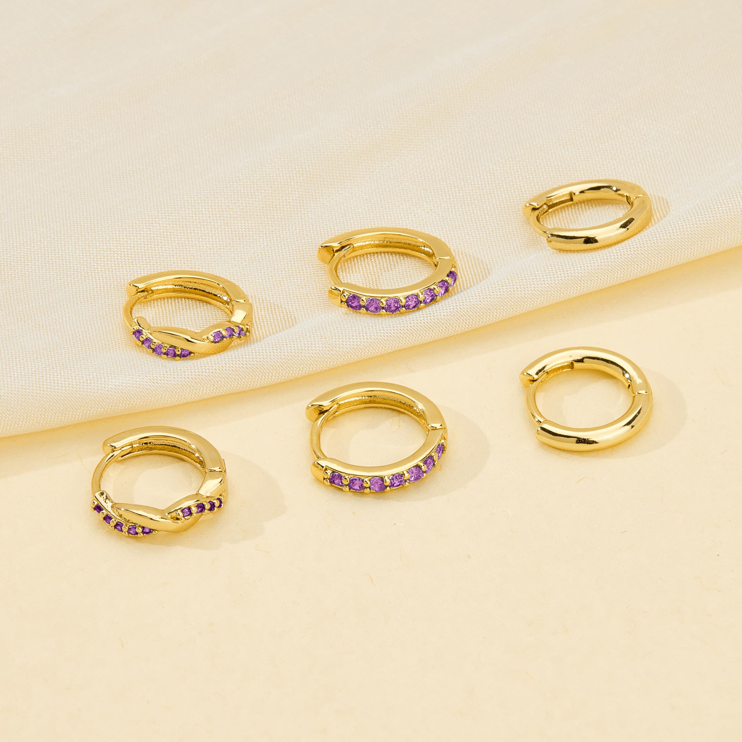 Inerney Gold Amethyst Huggie Hoop Earrings Set for Women, Dainty 14K Small Purple Earring Hypoallergenic Jewelry for Multiple Piercings, Trendy Twisted Cute Cartilage Hoops February Birthstone Gift