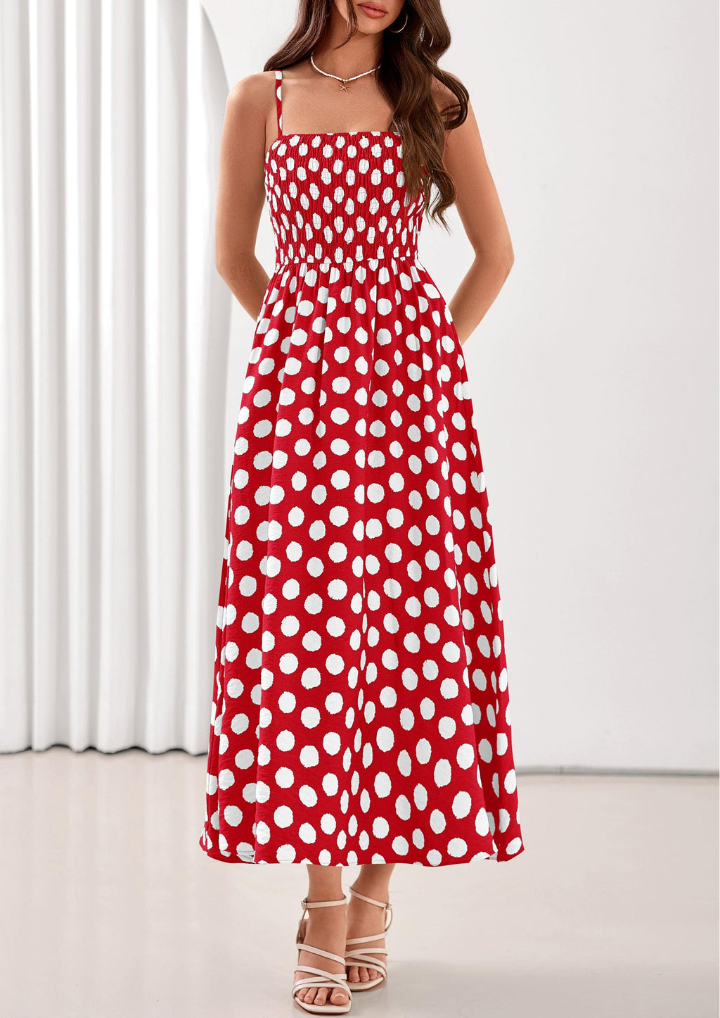 PRETTYGARDEN Womens Polka Dot Dress 2026 Summer Spaghetti Strap Smocked Sundress Beach Vacation Wedding Guest Midi Dresses(Red,X-Small)