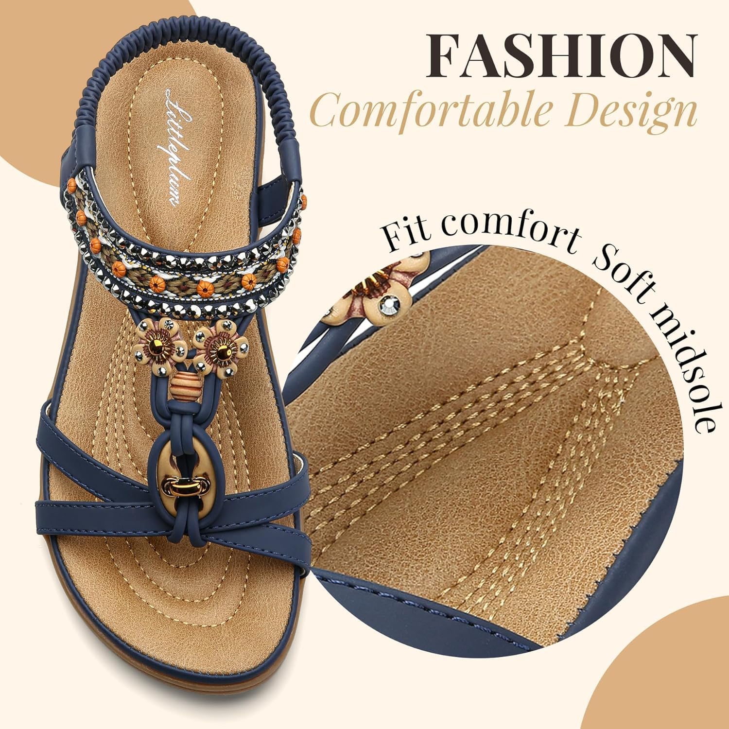 Littleplum Womens Sandals Arch Support Bohemian T-Strap Flower Rhinestone Sandals Women's Non Slip Summer Beach Flat Sandals Blue Size 8