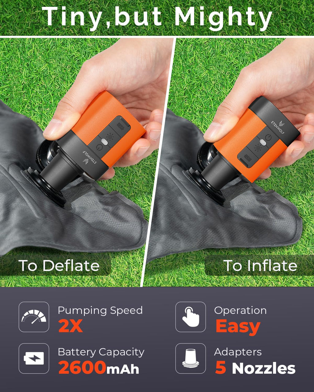 ETENWOLF AIR 3 Air Pump for Inflatables with 2600 mAh Battery & Camping Light, Ultra-Fast and Mini Electric Air Pump, Inflate Deflate for Air Mattress, Pool Floats, Vacuum Storage Bags, Vivid Orange