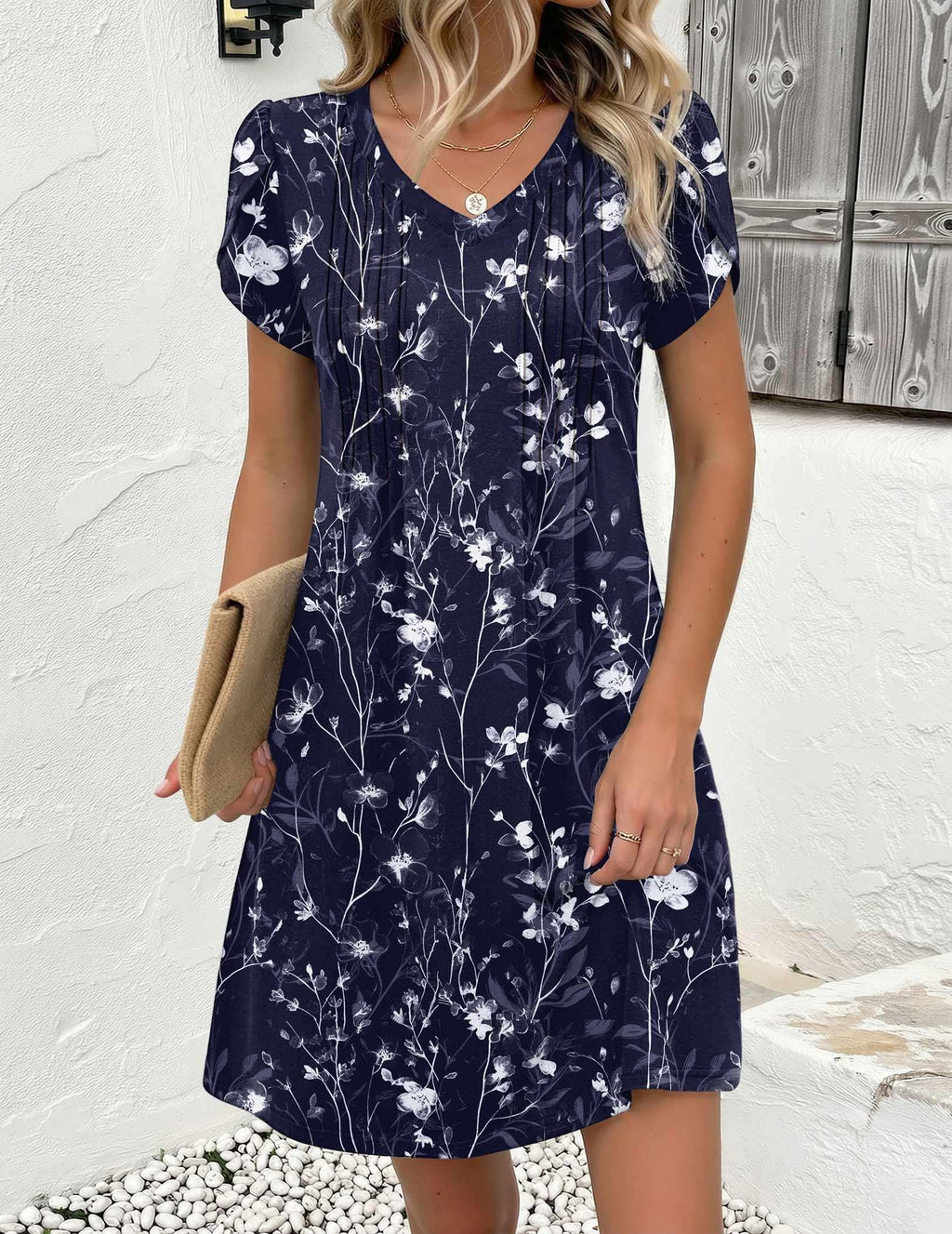 Zeagoo Summer Dresses for Women Flowy Spring Dresses 2026 Casual Floral Dress Pleated A Line Dress Boho Sundress, Navy Floral 03