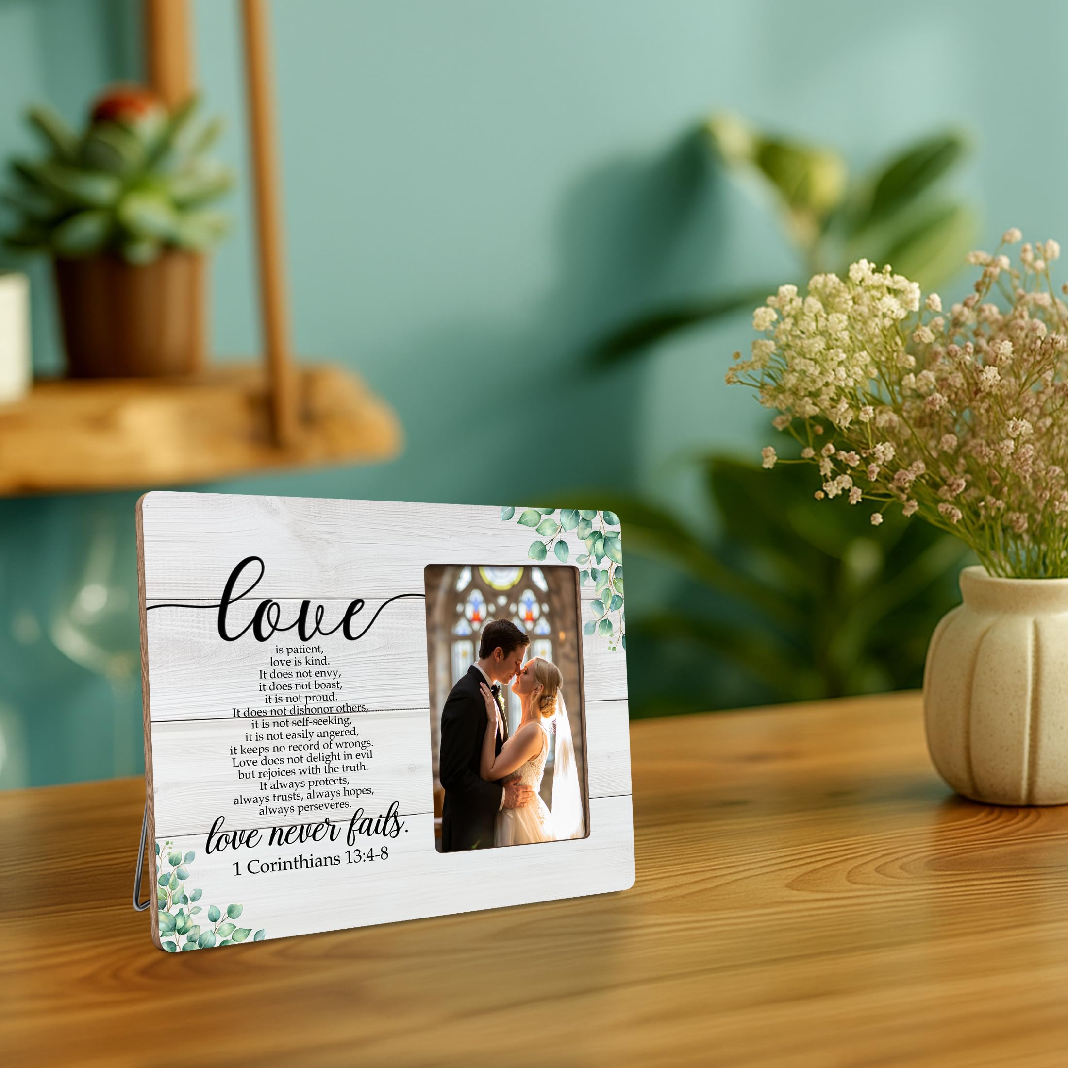 DIMSEOIUS Christian Wedding Gifts for the Couple, Love is Patient Love is Kind Picture Frame, Bible Verse Love Never Fails 1 Corinthians Frames Fits 4x6 Photo
