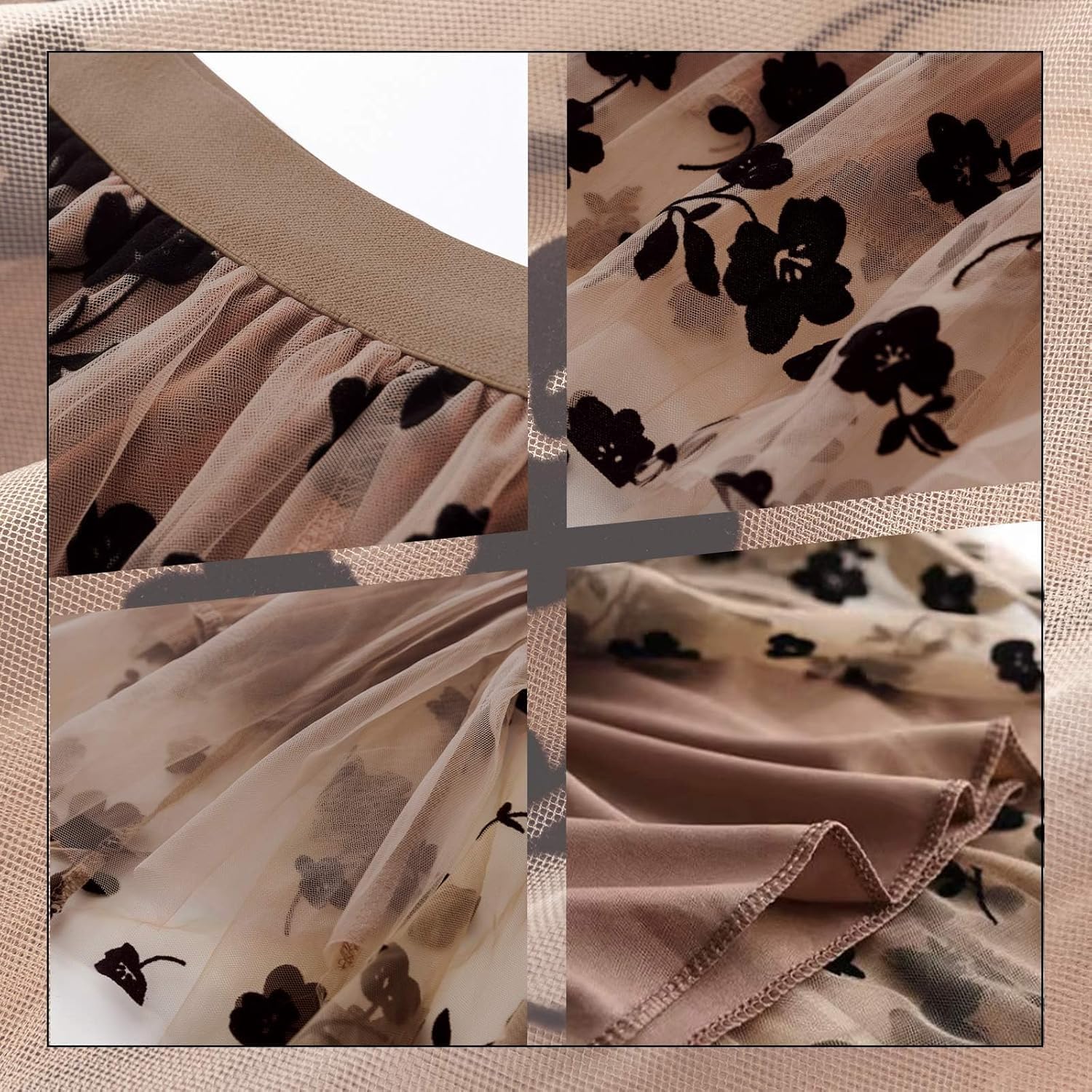 Reaowazo Skirts for Women Midi Long Length Dressy Casual Trendy Summer Tulle A-Line Floral High Waist Skirt Khaki L-XL