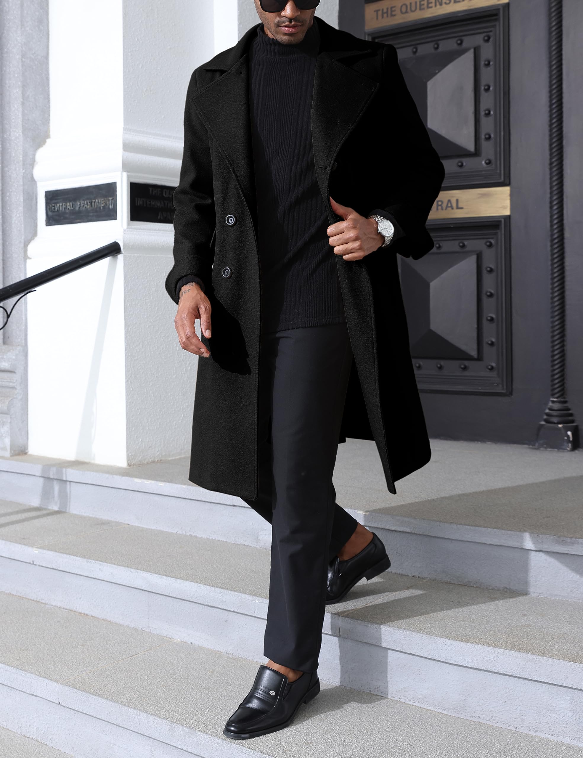 Springrain Men's Pea Coat Double Breasted Overcoat Lapel Coat Classic Long Trench Coat(Black-S)