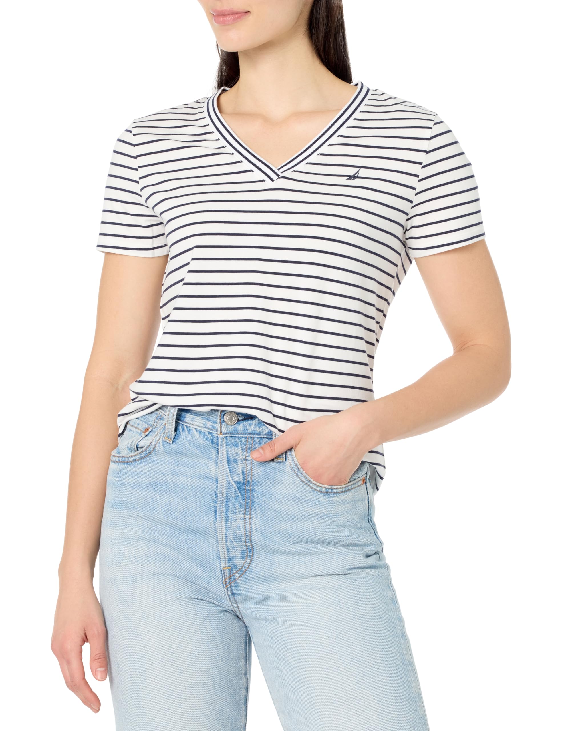 Nautica Jeans Women's V-Neck T-Shirt, Bright White/Night Sky, M