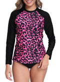 Halcurt Womens Long Sleeve Rash Guard Swim Shirts with Built in Bra UPF50+ Sun Protection Swimsuit Top Black Pink Leopard M