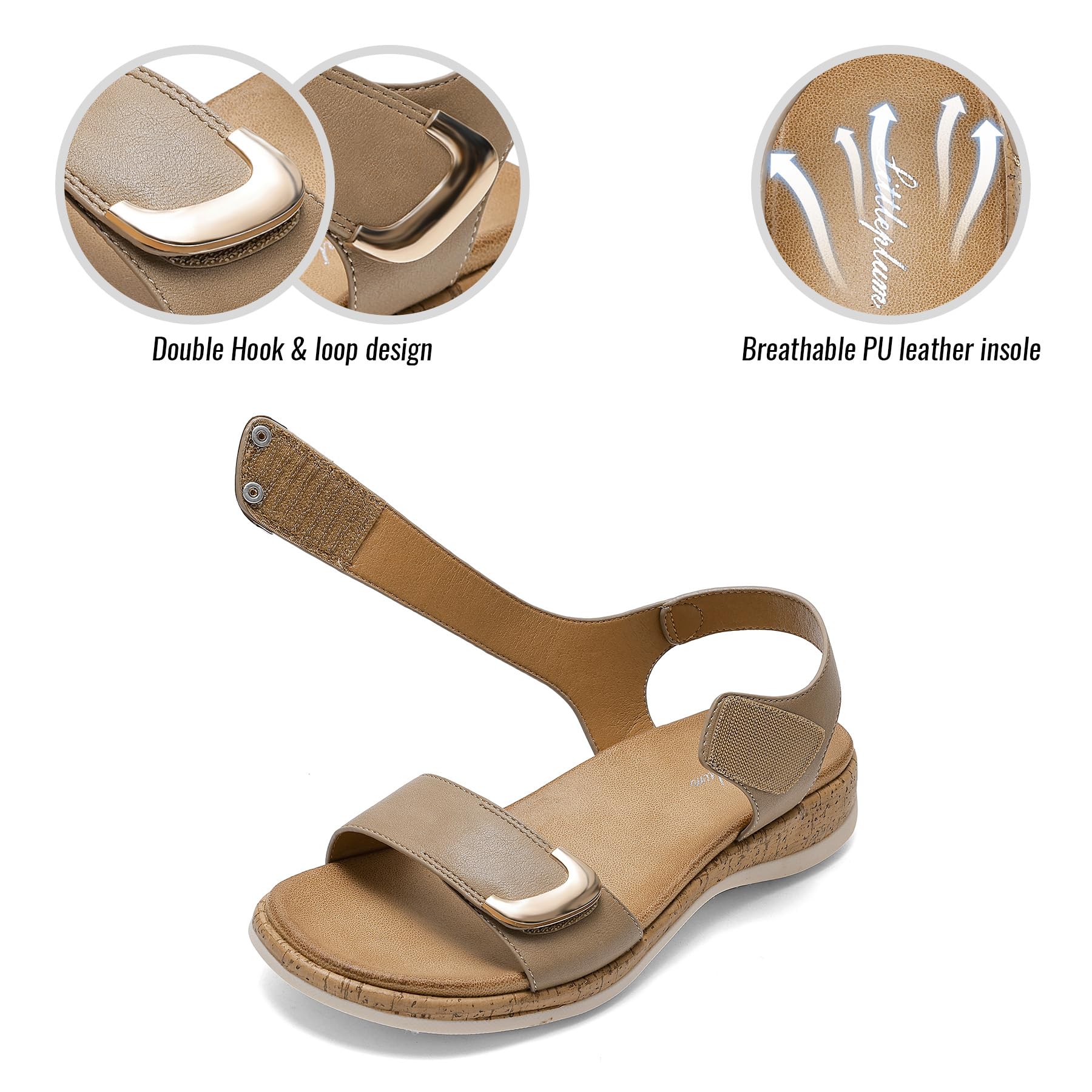 Littleplum Womens Sandals Arch Support Adjustable Comfy Flat Sandals for Women Summer Walking Shoes for Beach,Travel Khaki Size 6