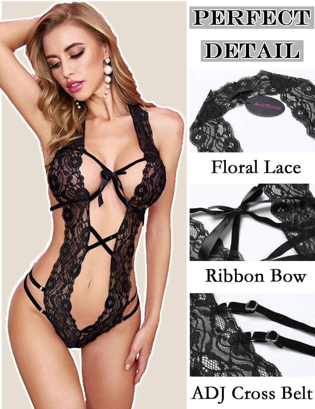 Avidlove Women Deep V Lingerie Teddy One Piece Bodysuit Lace Lingerie Teddy Black Medium