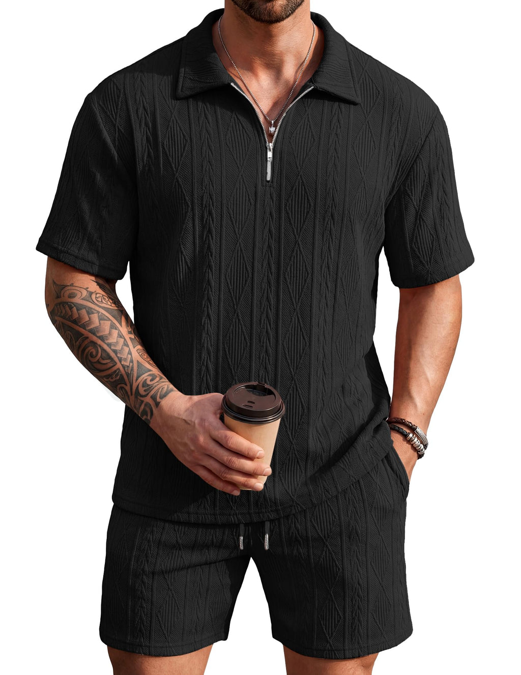 COOFANDY Men's 2 Piece Set Summer Beach Vacation Outfits Quarter Zip Polo Shirt and Shorts Sets Black Small