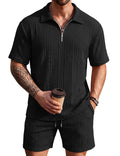 COOFANDY Men's 2 Piece Set Summer Beach Vacation Outfits Quarter Zip Polo Shirt and Shorts Sets Black Small