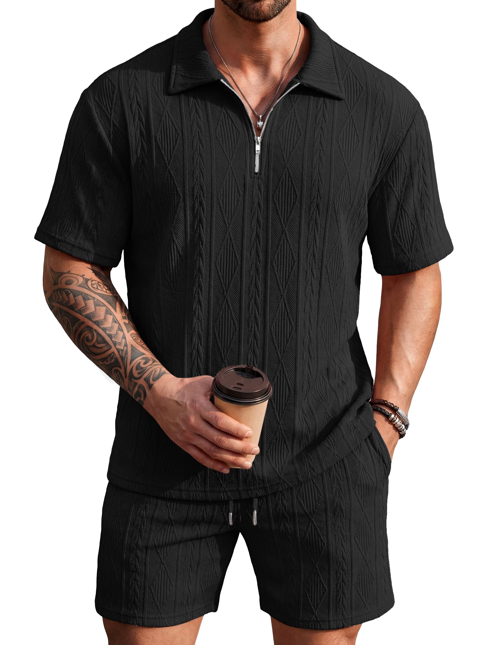 COOFANDY Men's 2 Piece Set Summer Beach Vacation Outfits Quarter Zip Polo Shirt and Shorts Sets Black Small