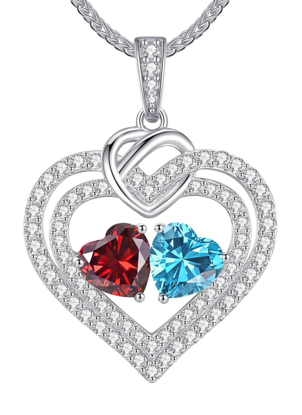 LOUISA SECRET Sparkling Double Heart Birthstone Necklace, 925 Sterling Silver, Adjustable 18in, for Women, Ideal Gift for Wife, Mom, Girlfriend