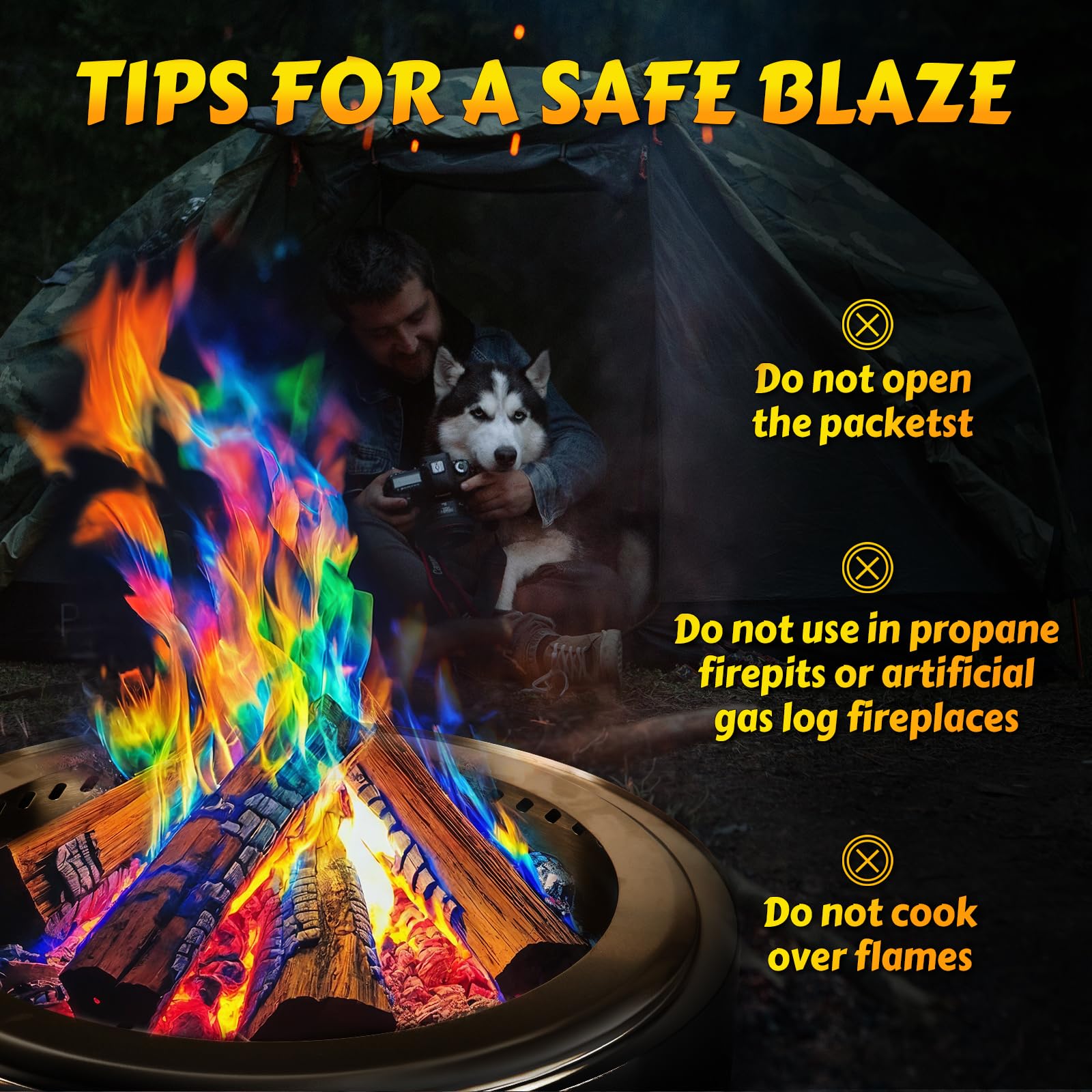 HGD (6 Pack) Magic Campfire Fire Color Changing Packets for Fire Pit, Indoor/Outdoor Fireplace, Bonfire - Rainbow Magical Flame, Camping Accessory, Compatible with Wood