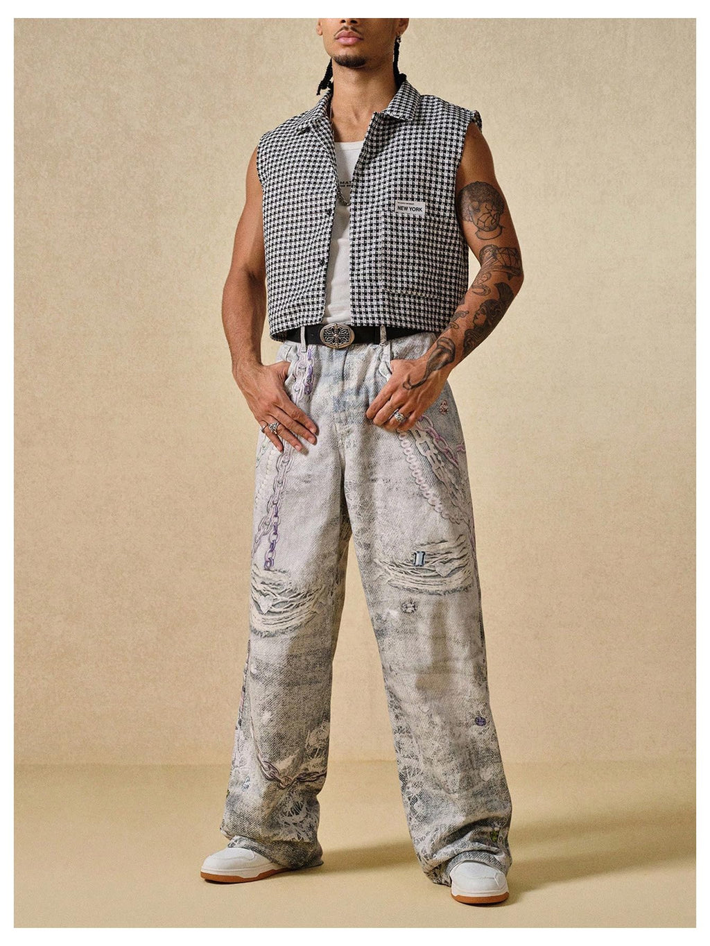 GORGLITTER Men's Gingham Plaid Cropped Shirt Button Up Sleeveless Boxy Y2K Collar Streetwear Vest Tops Black and White Small
