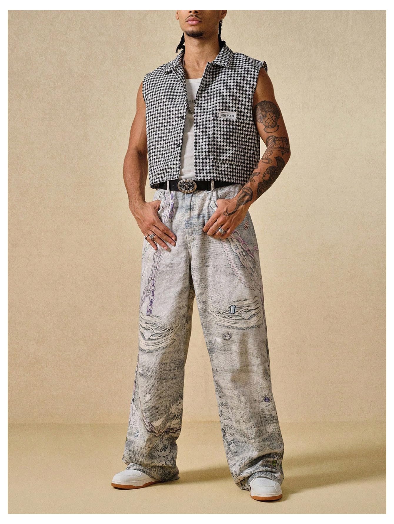 GORGLITTER Men's Gingham Plaid Cropped Shirt Button Up Sleeveless Boxy Y2K Collar Streetwear Vest Tops Black and White Small