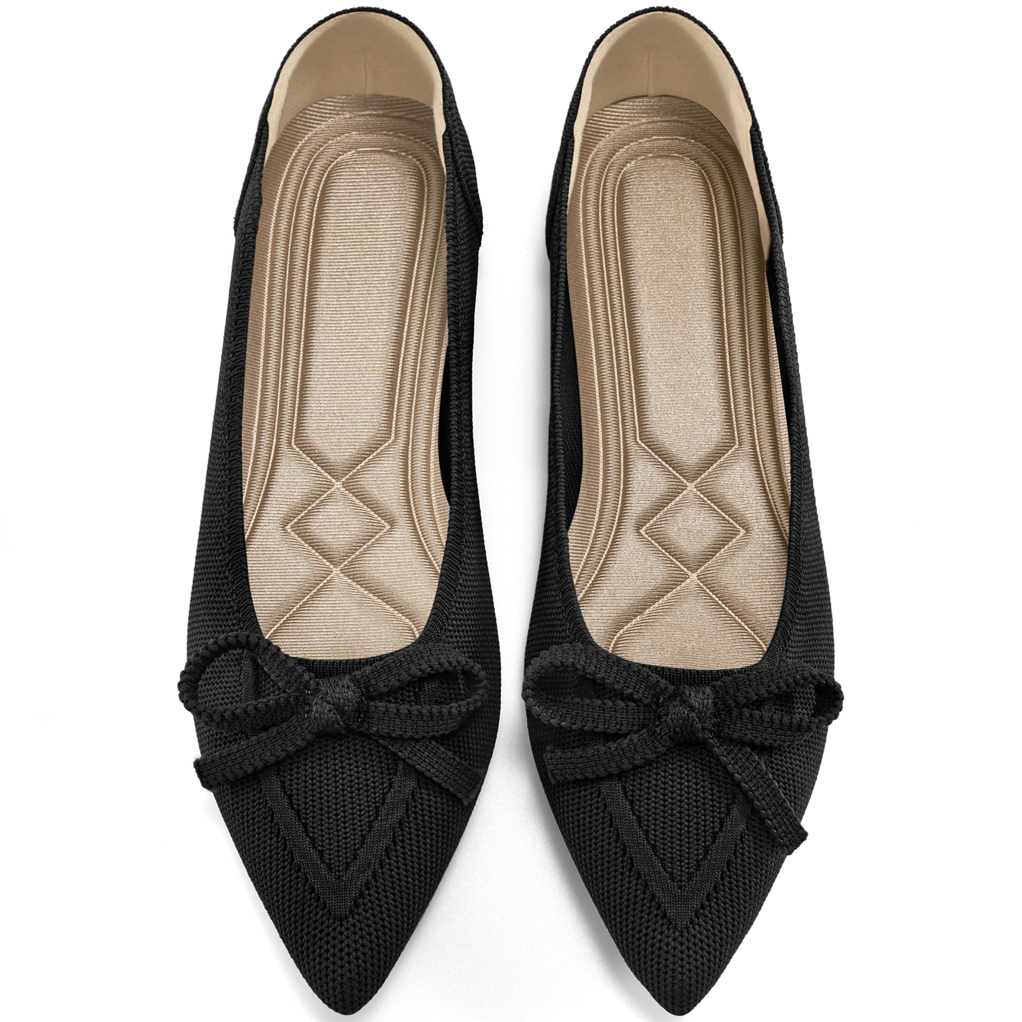 Ablanczoom Ballet Flats Shoes for Women: Dressy Pointed Toe Bow Knit Flats Comfortable Slip On Work Business Casual Shoes Black