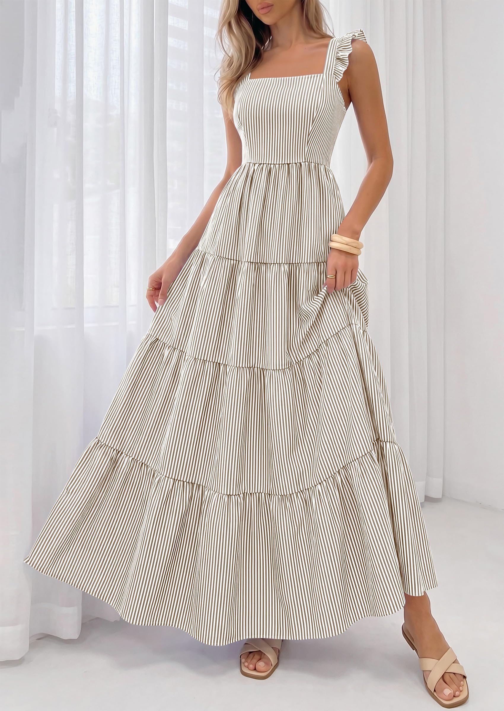 PRETTYGARDEN Womens 2026 Summer Casual Maxi Dresses Striped Square Neck Sleeveless Boho Flowy Sundress Beach Vacation Clothes (Brown,Medium)