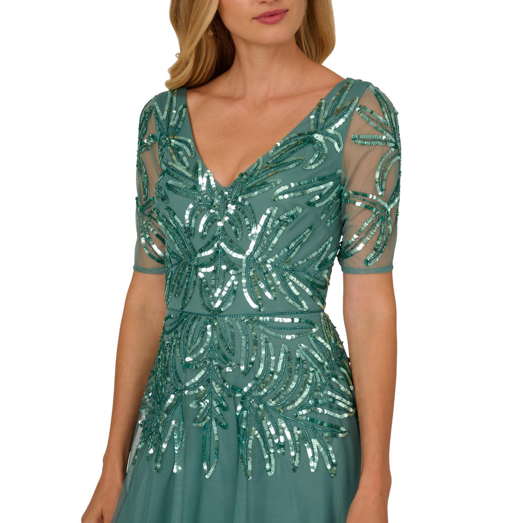 Adrianna Papell Beaded Mesh Long Dress, Green Slate, 4