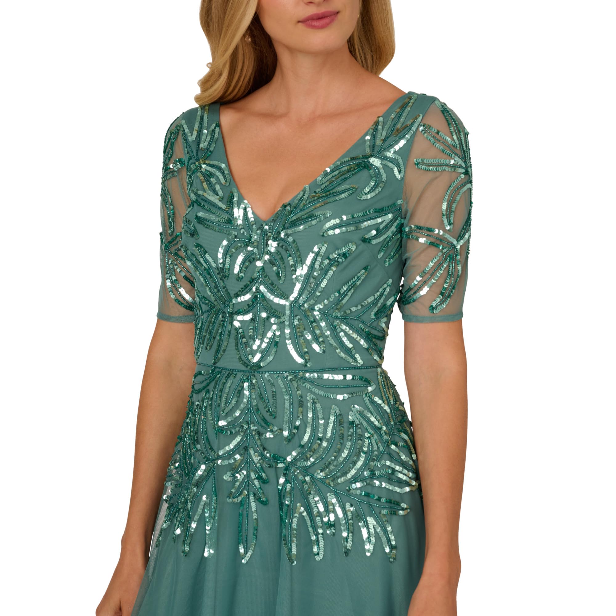 Adrianna Papell Beaded Mesh Long Dress, Green Slate, 4