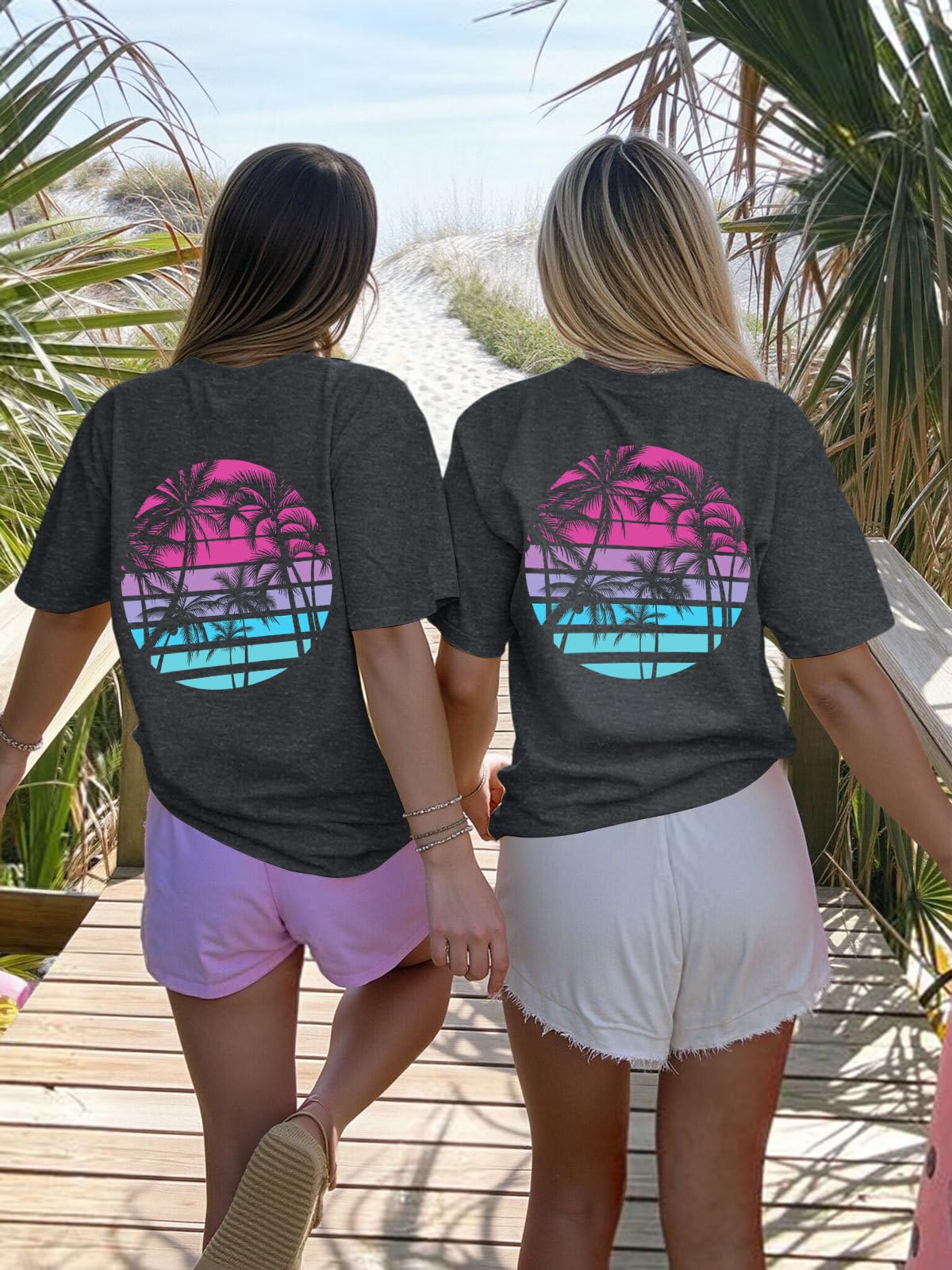OCURHU Beach Shirts for Women Retro Sunset Palm Tree Graphic Tee Loose Casual Summer Beach Party Blouse Dark Grey XL