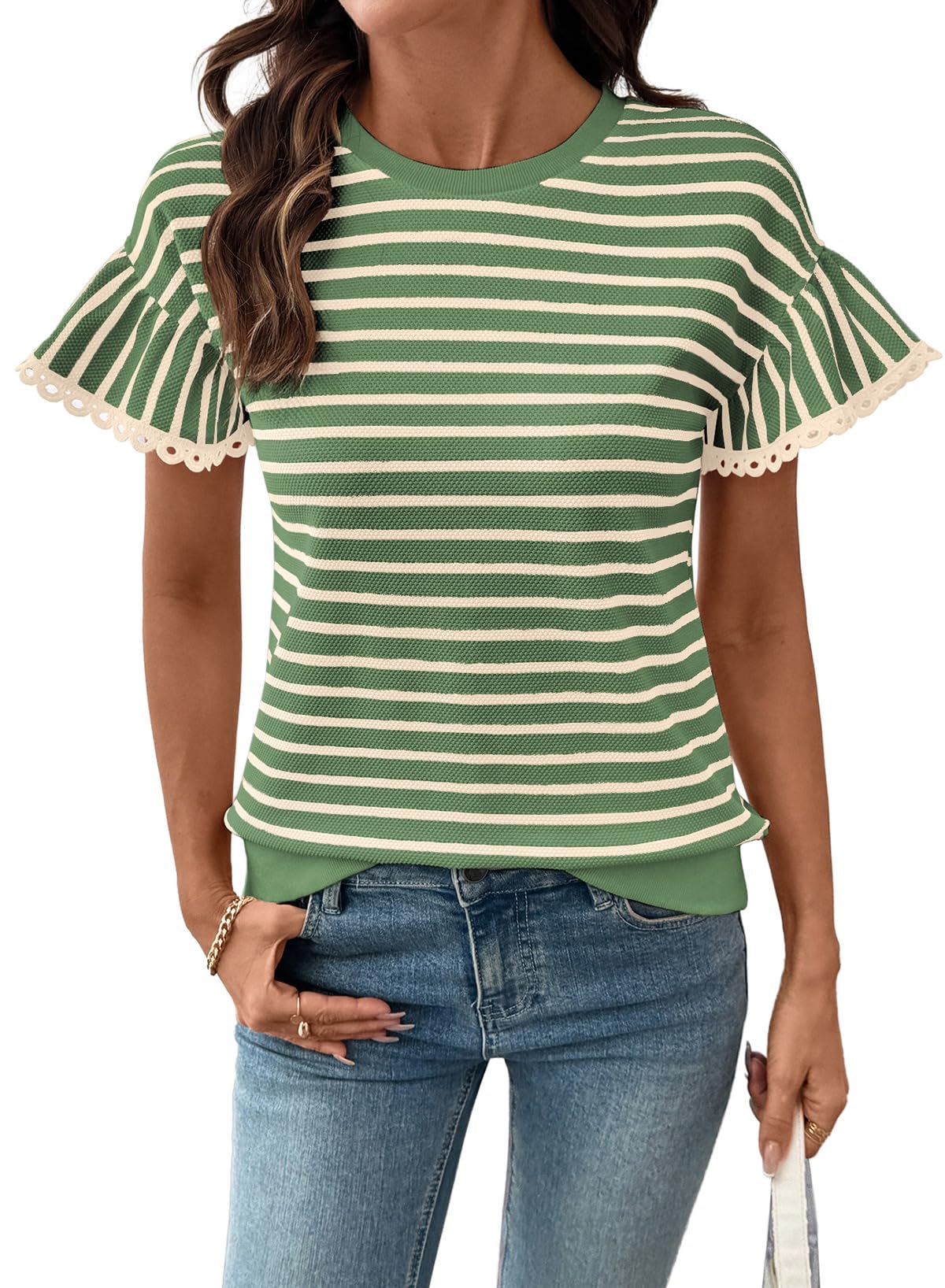 SHEWIN Women Summer Tops Ruffle Short Sleeve Shirts Business Dressy Blouse Casual Fashion Trendy Sweaters Loose Fit Work 2026 Clothes Size L, Beige and Green Stripe