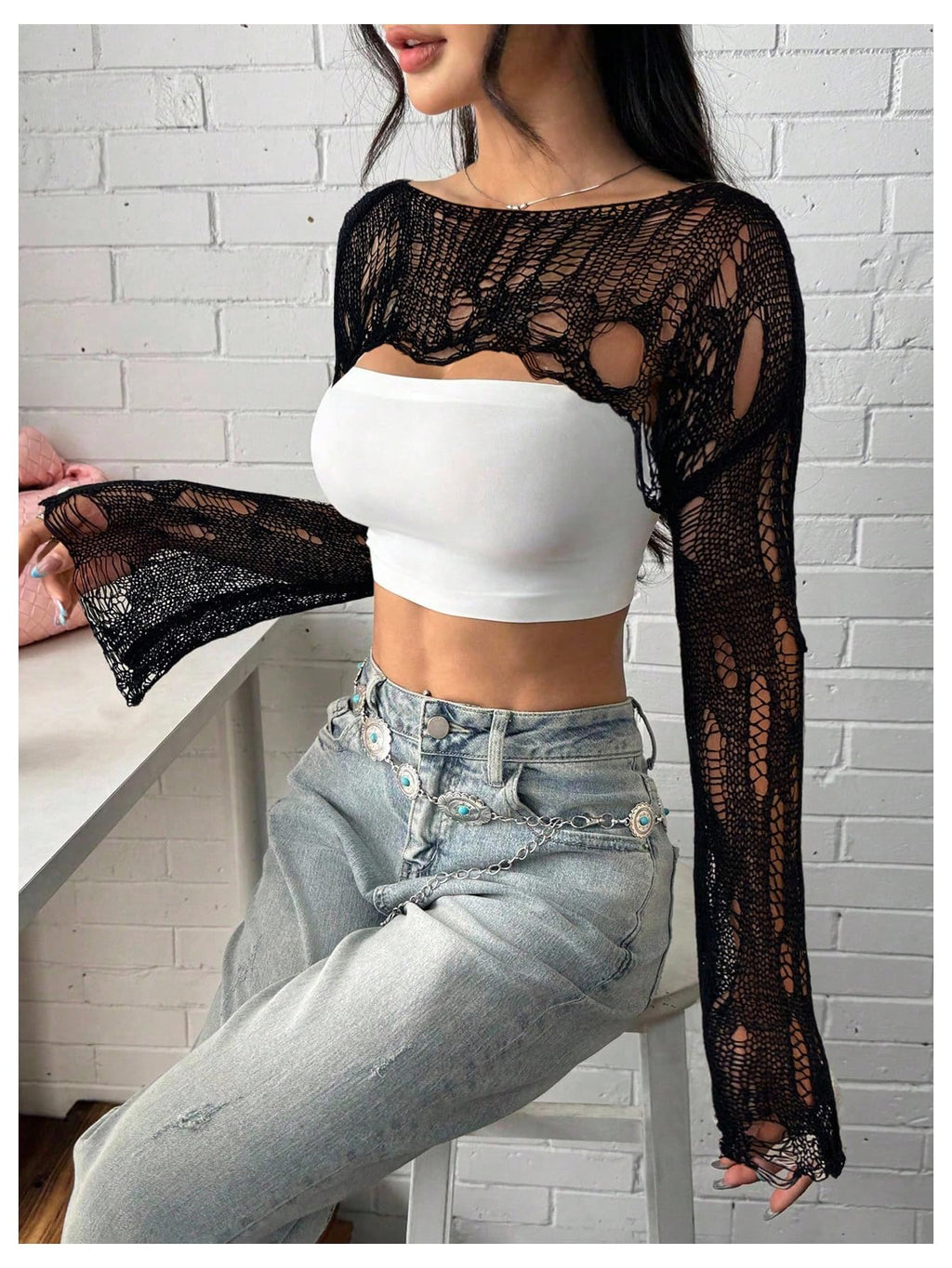 WDIRARA Women's Off Shoulder Crochet Distressed Hollow Out Long Sleeve Bolero Shrug Pullover Crop Top Black Medium