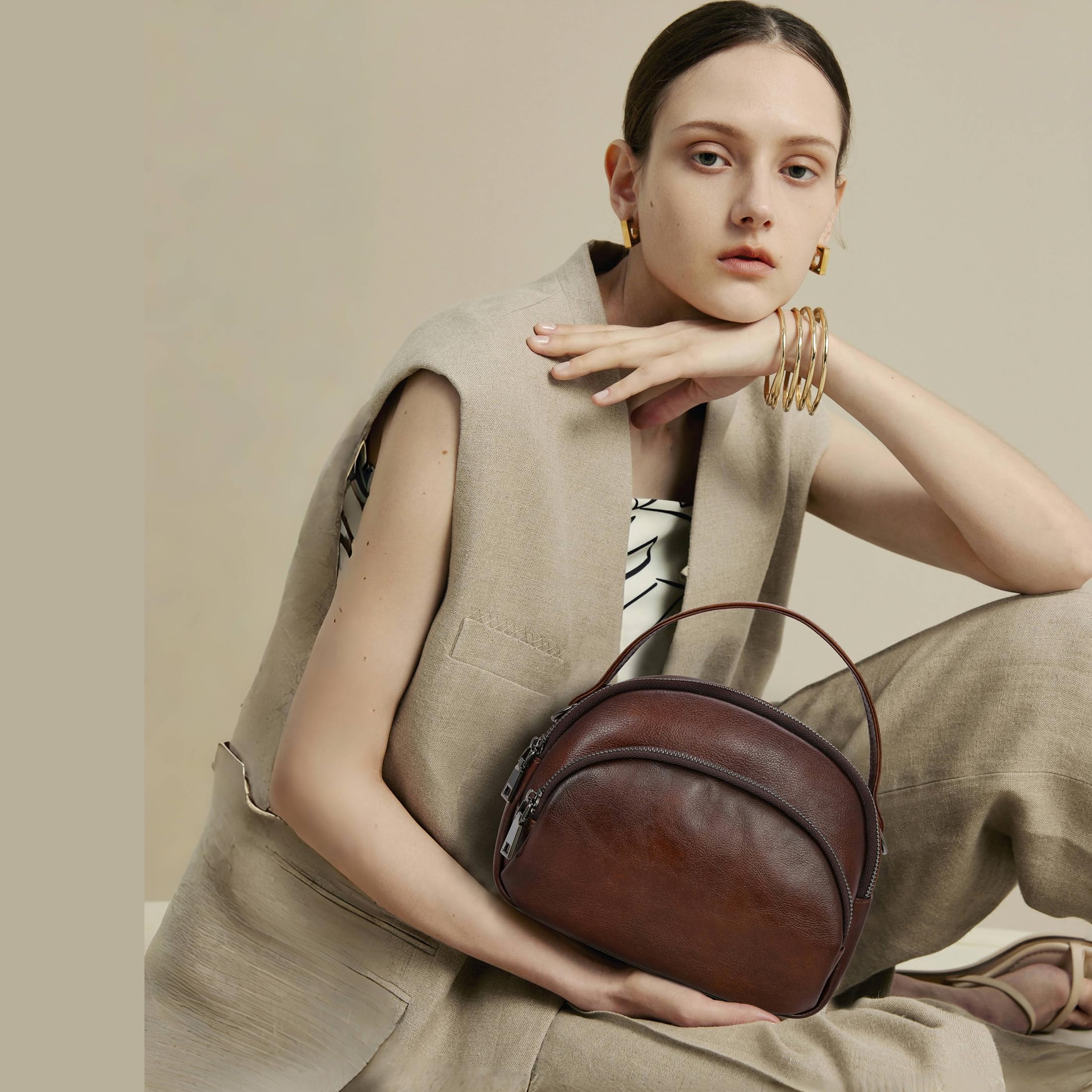 HESHE Genuine Leather Crossbody Bags Leather Purses for Women Vintage Small Shoulder Handbags with Multi-Pockets (Wine)