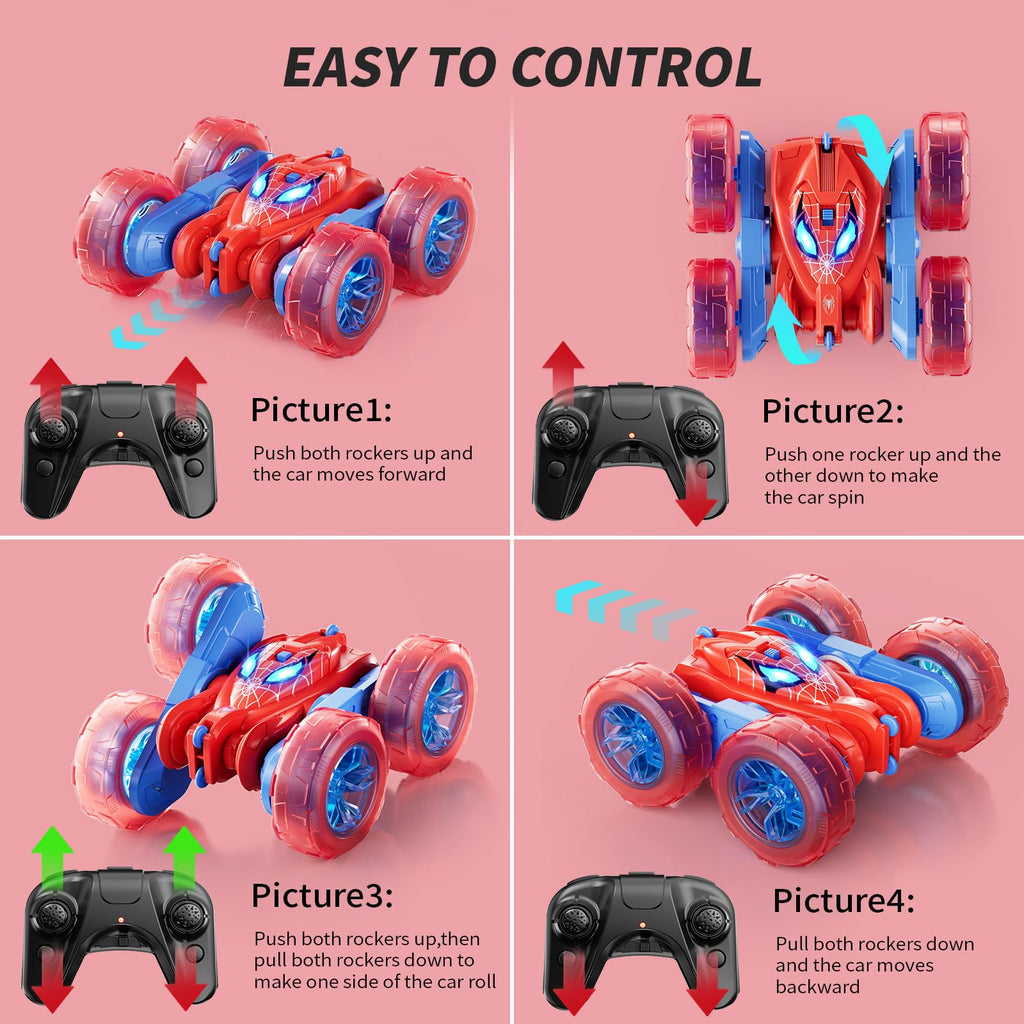 Spider Remote Control Car, 360° Stunt RC Cars for Kids Ages 6-12 Double-Sided Rotation, 4WD Cool Wheel Lights&2.4GHz Control; Rechargeable Electric Race Car Toys Gift for Boys Girls (Red&Blue)