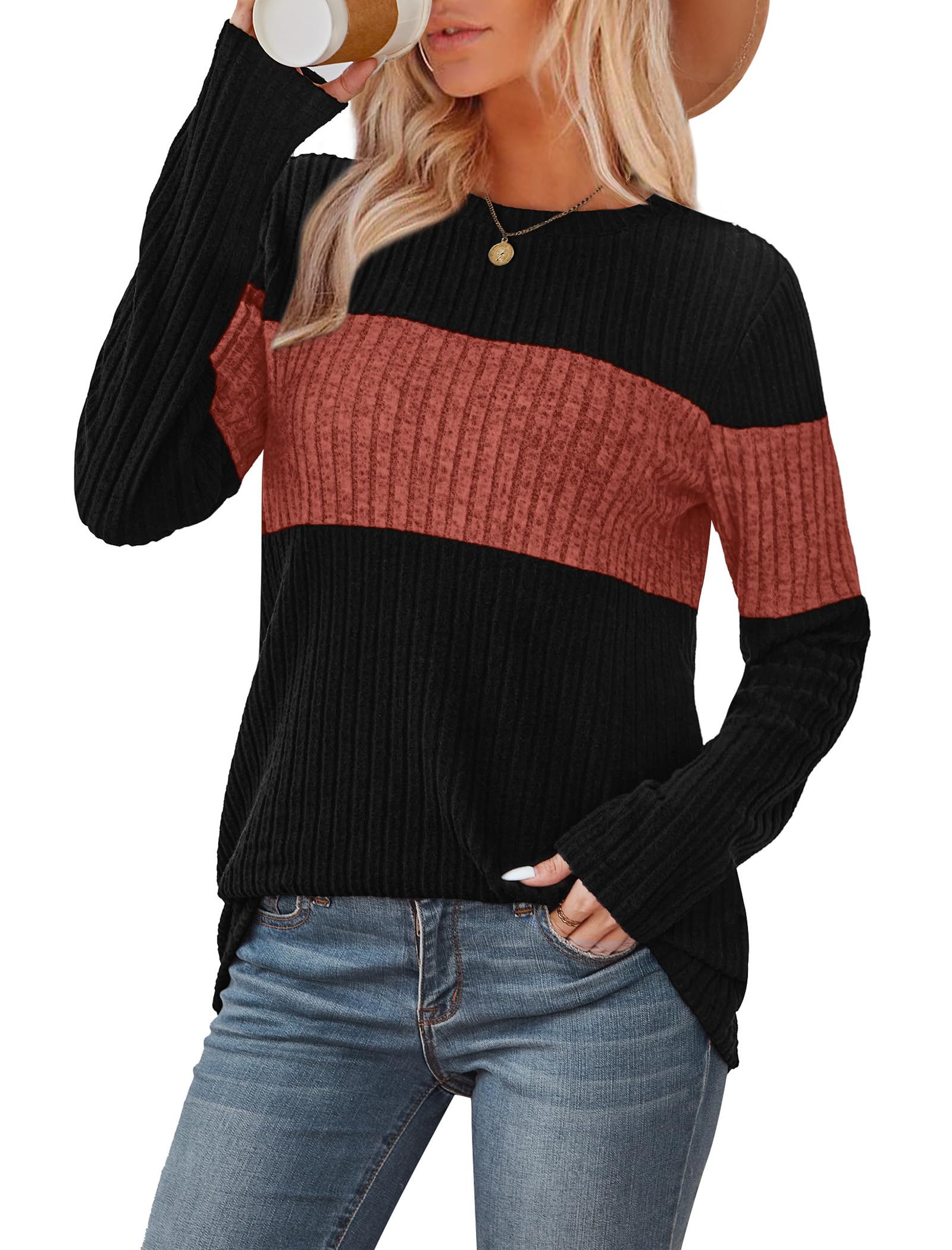 WIHOLL Fall Outfits for Women 2026 Dressy Casual Sweaters Trendy Long Sleeve Shirts Fall Clothes Old Money Winter Tops Cute Caramel L