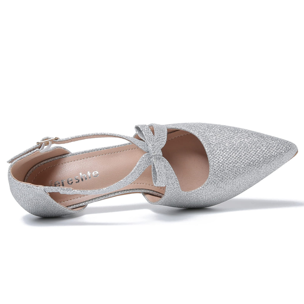 fereshte Women's Kitten Heels T Strap 2 Inch Low Heel Bow Pointed Toe D'Orsay Dressy Pumps Sparkly Silver 36 - US 5.5