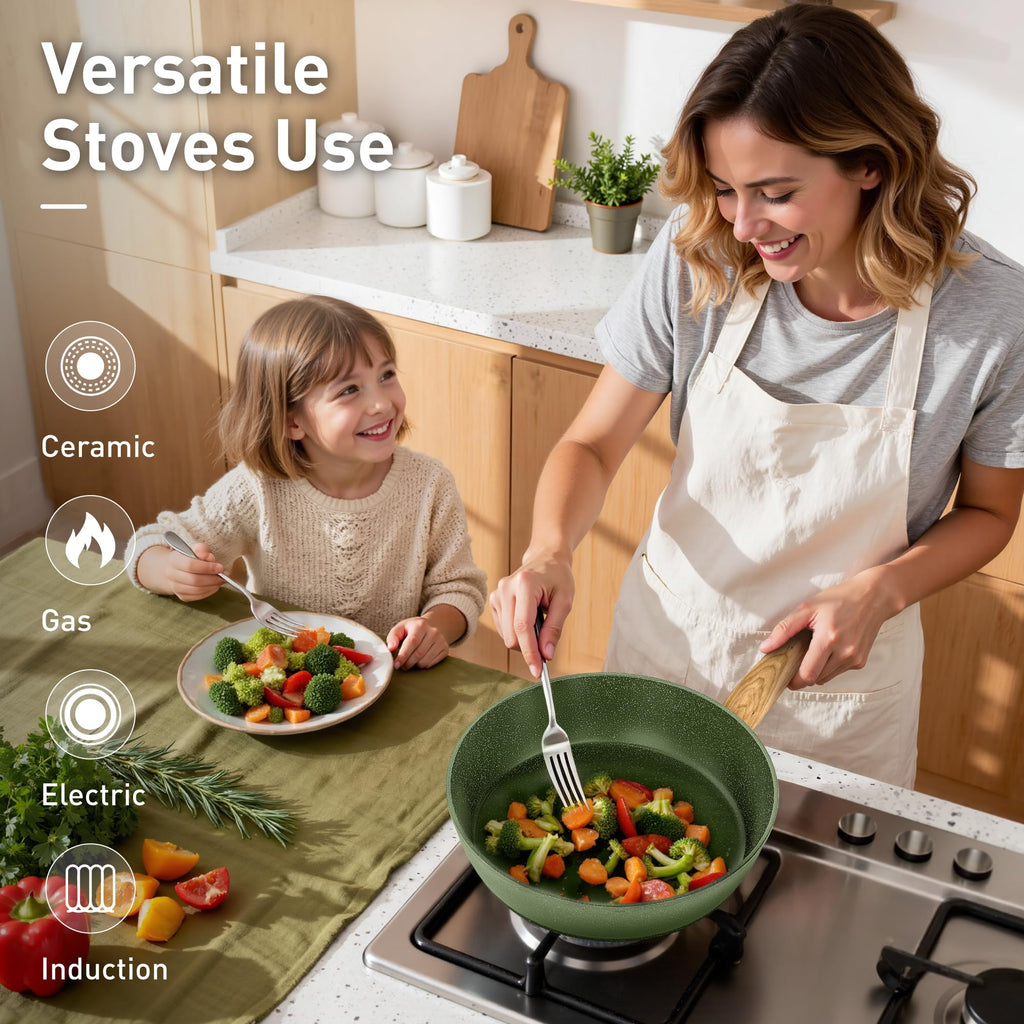 DishDelight Induction Pots and Pans Set Non Stick, 12 Piece Nonstick Induction Granite Kitchen Cookware Sets, Induction Cookware Nonstick Granite Cooking Set, PFOA&PFOS Free, Green