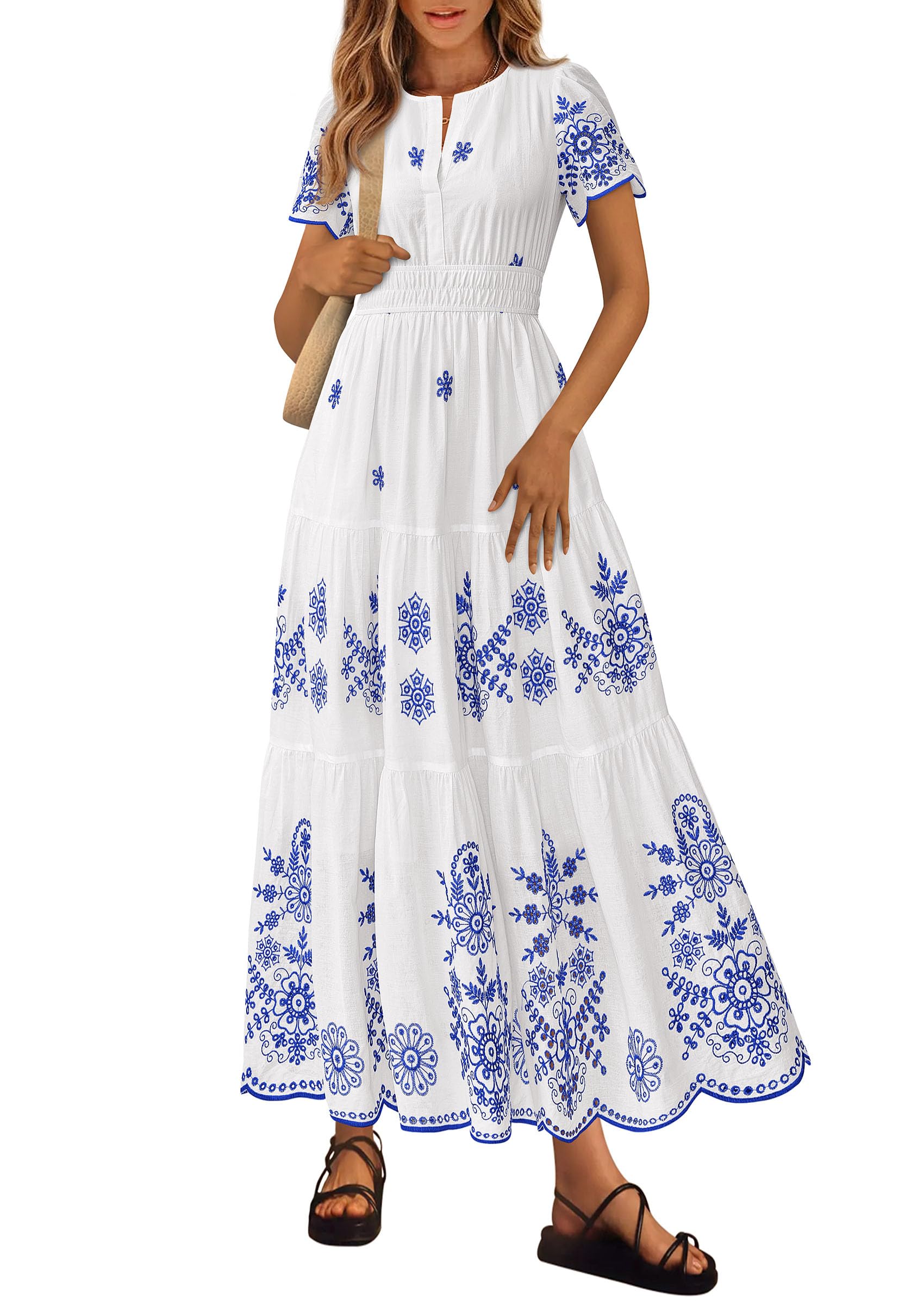 PRETTYGARDEN Summer Dresses for Women 2026 Floral Boho Maxi Spring Casual Short Sleeve V Neck Elastic Waist Dress Pockets (White Blue Flower,Medium)