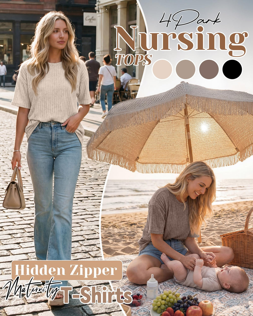 Huukeay 4 Pack Women's Nursing Shirts for Breastfeeding Oversized Short Sleeve with Hidden Zipper Maternity Ribbed Sweaters(XX-Large,Cream, Khaki, Light Coffee, Black)