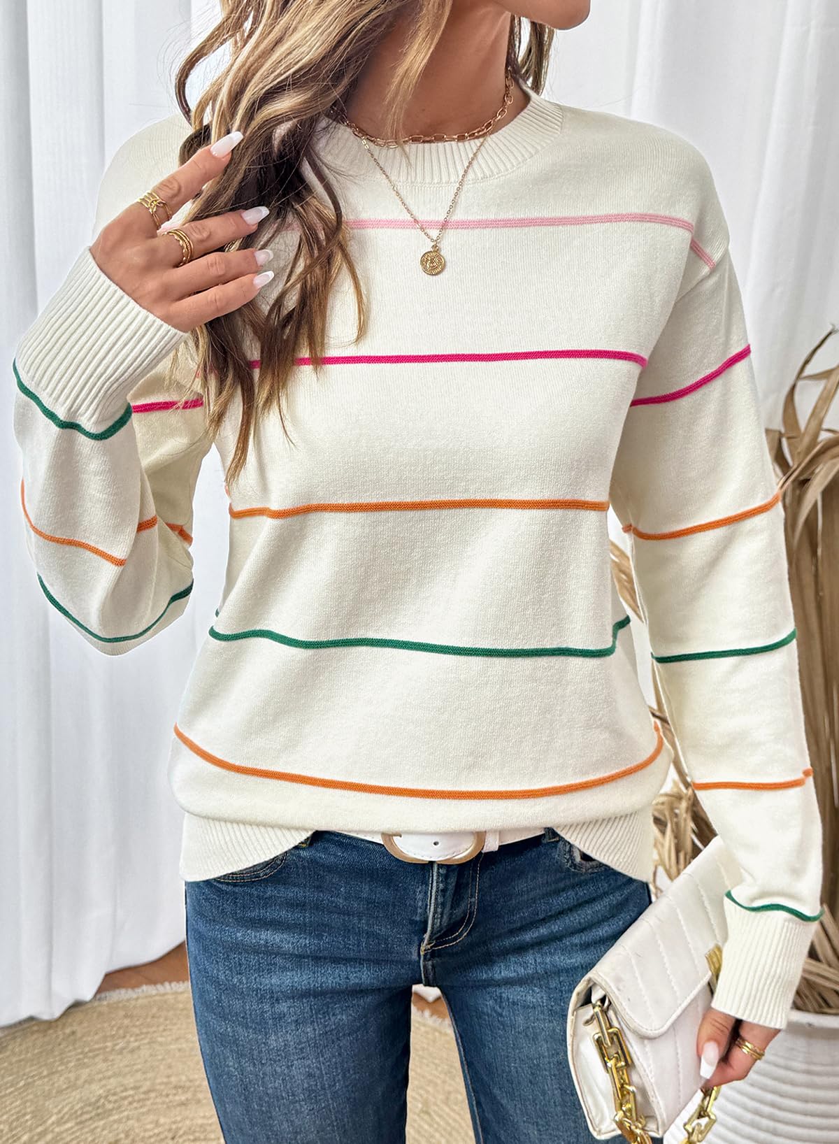 SHEWIN Womens Sweaters Crew Neck Striped Sweater Women Lightweight Womens Fall Tops Long Sleeve Tops Sweaters for Women Fall Outfits 2026 White Small