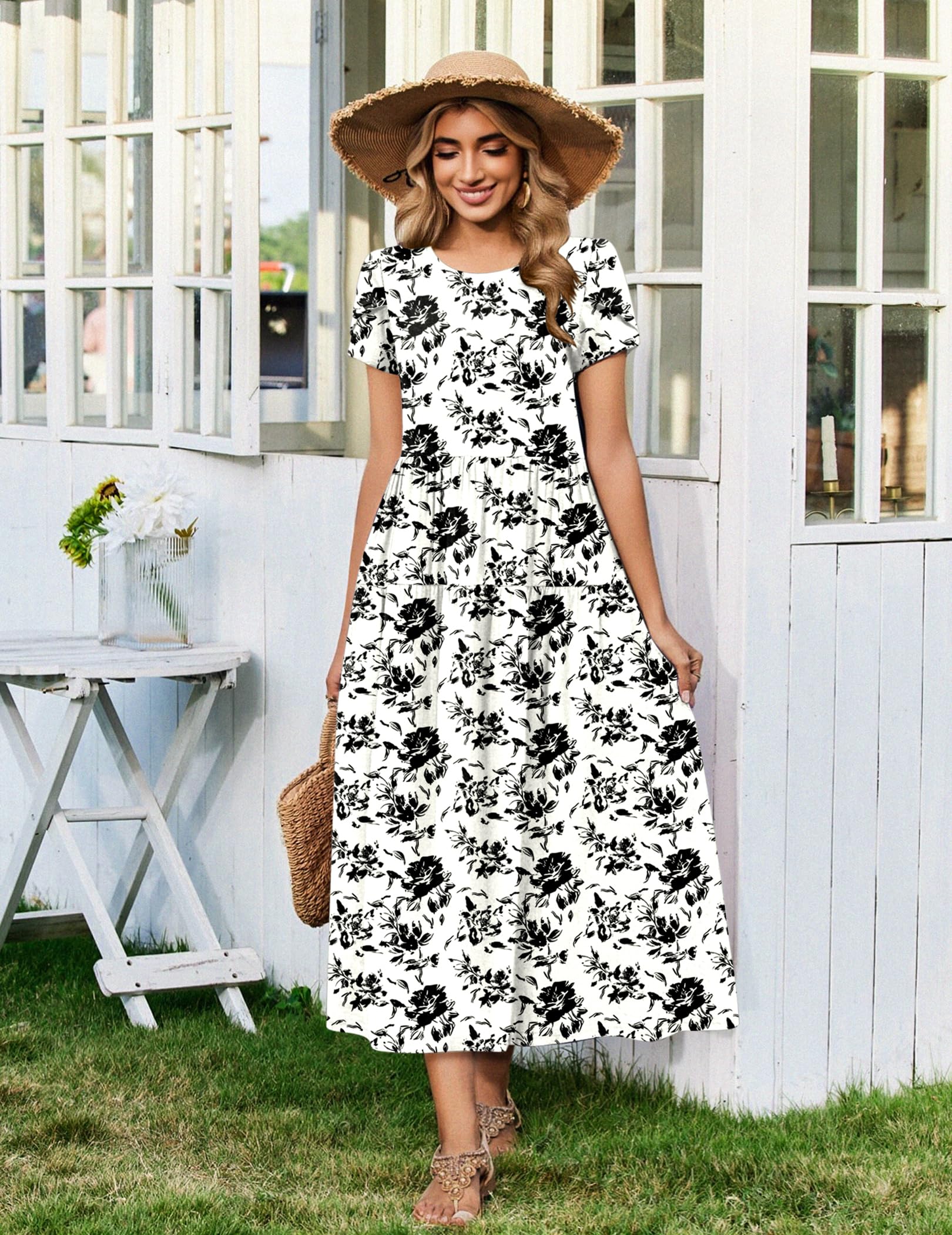 Zeagoo Plus Size Dresses for Wedding Guest Summer Petal Sleeve Loose Round Neck Floral Dress White Black Floral 3XL