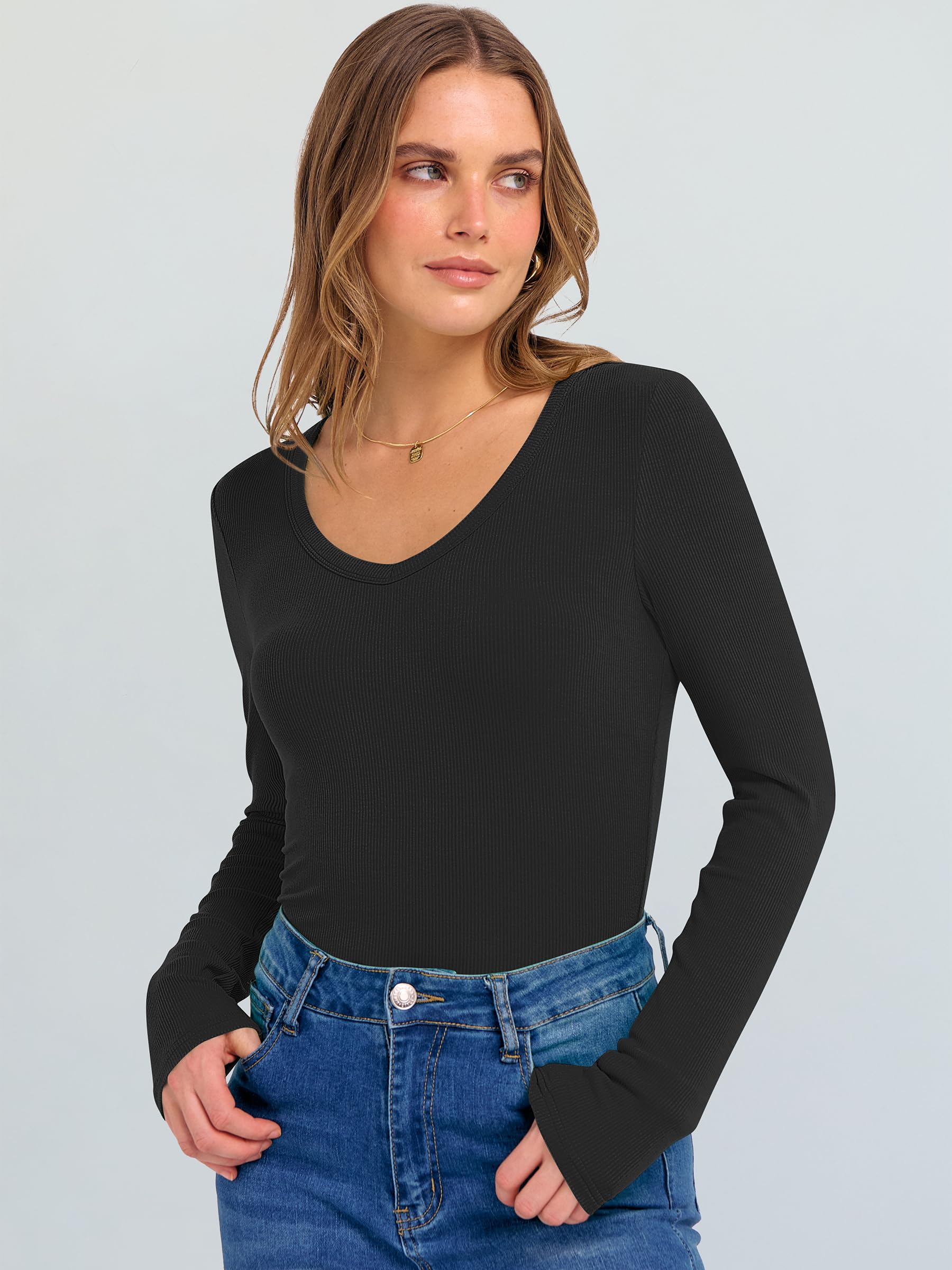 ANRABESS Long Sleeve Shirts for Women V Neck Ribbed Knit Fitted Fall Basic Tshirts Going Out Tops 2026 Casual Trendy Clothes Black Large