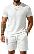 UOUA Mens Shorts Set Crewneck Short Sleeve T-Shirt & Shorts Twisted Texture 2 Piece Summer Outfits Casual Matching Sets White M