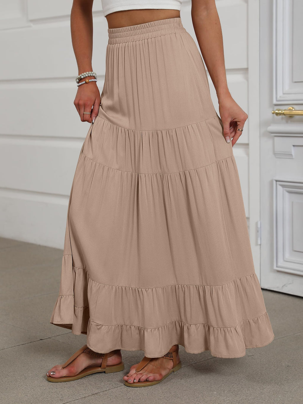 ANRABESS Womens Maxi Skirt Elastic High Waist Swing Tiered A-line Flowy Pleated Boho Beach Vacation Long Skirts Tan Brown Medium