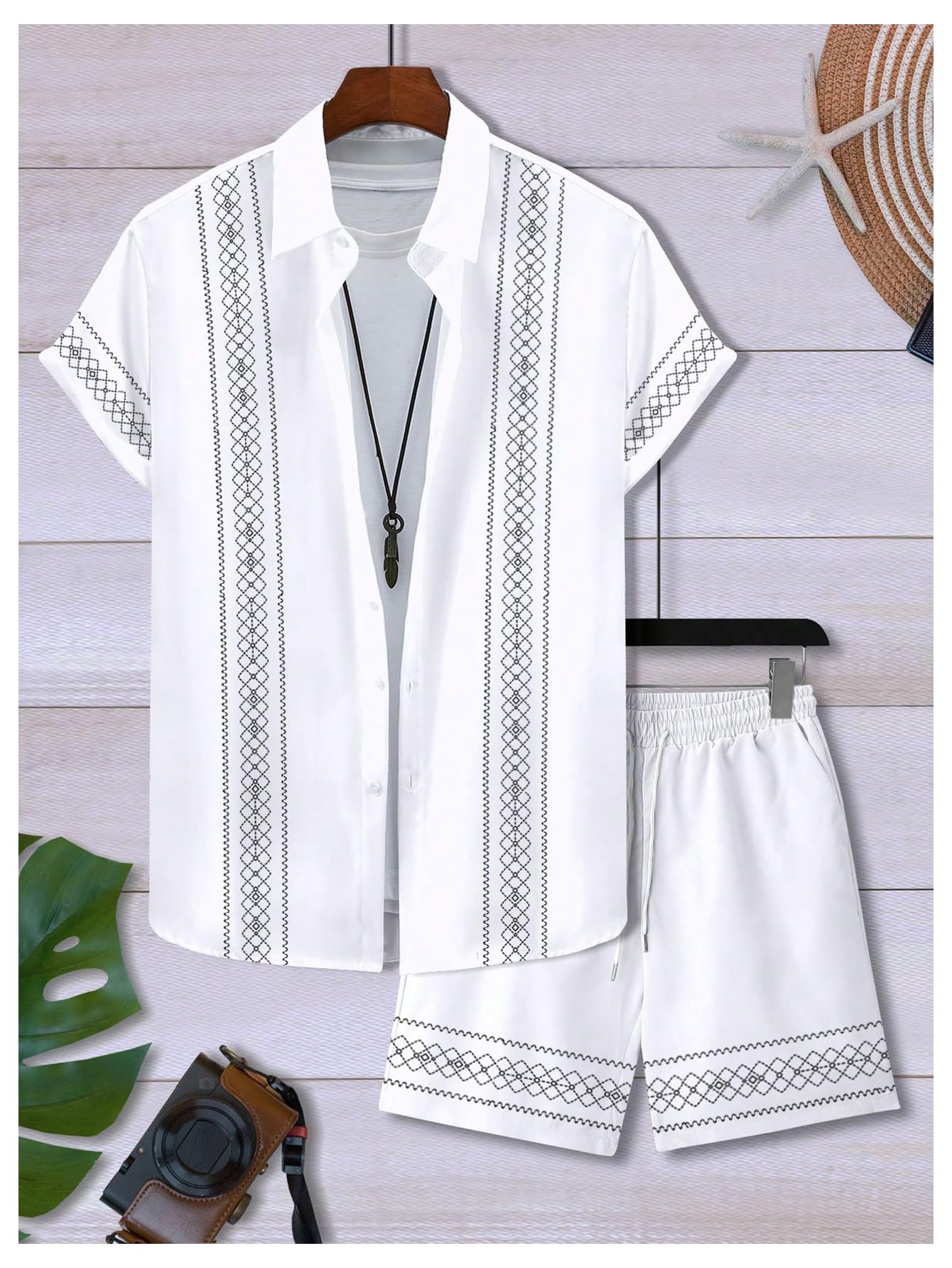 WDIRARA Men's 2 Piece Outfits Geometric Print Button Down Short Sleeve Shirt Shorts Set Vacation Outfits White Large