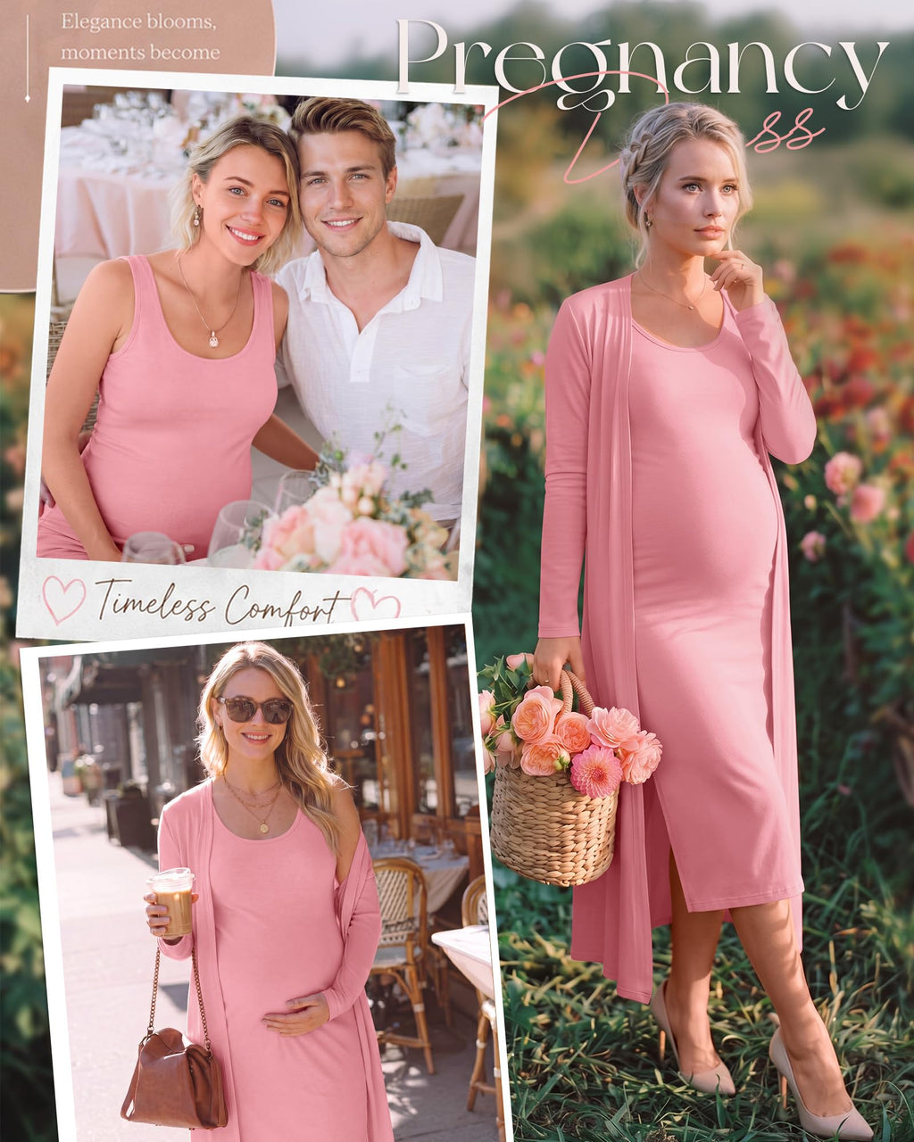 Huukeay 2 Piece Women Maternity Dress Cardigan Set, Pink, Small