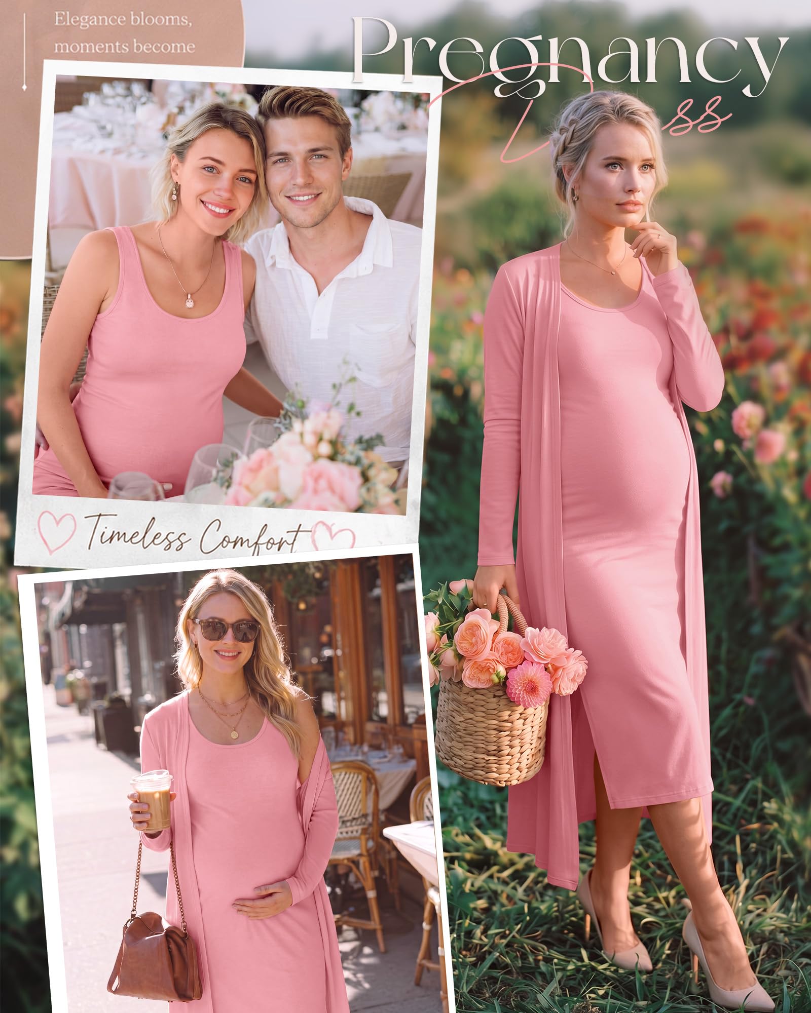 Huukeay 2 Piece Women Maternity Dress Cardigan Set, Pink, Small