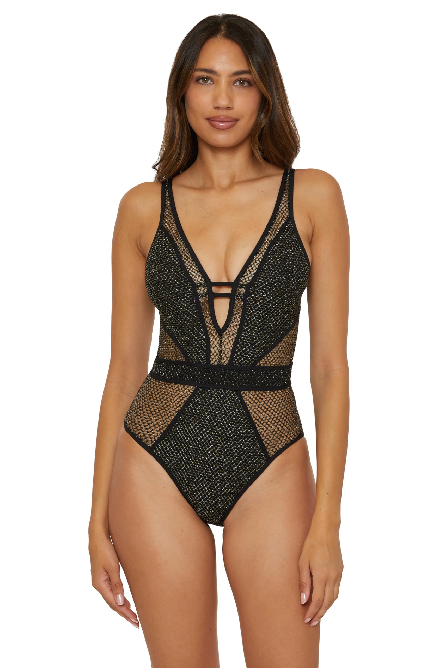 Becca Color Play - Women's One Piece Swimsuit, Plunge Neck, Crochet, Bathing Suits for Women, Black, Large